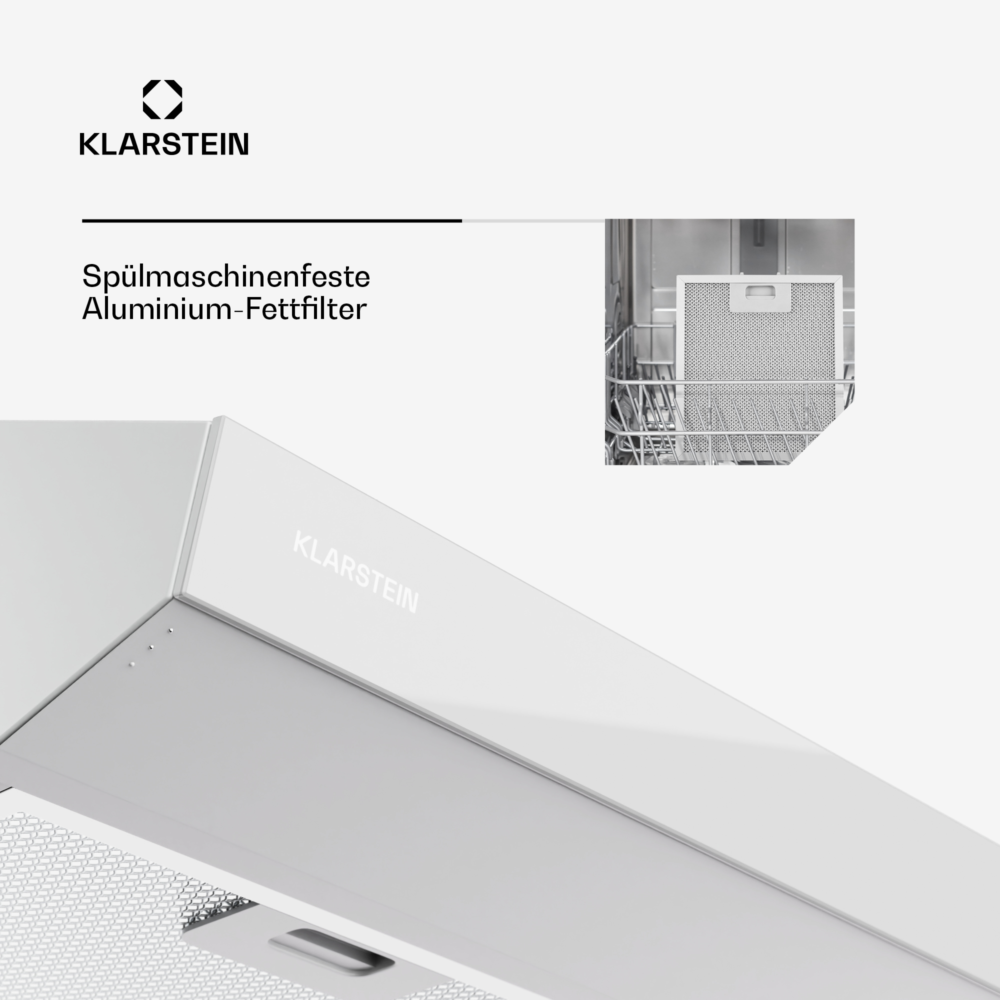 Klarstein Logo und ein Aluminium-Fettfilter in einer Spülmaschine.