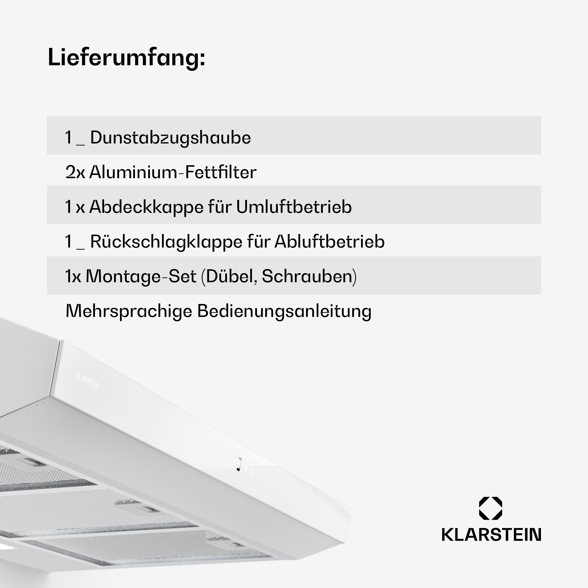 Lieferumfang einer Dunstabzugshaube mit Filtern, Montageset und Anleitung.