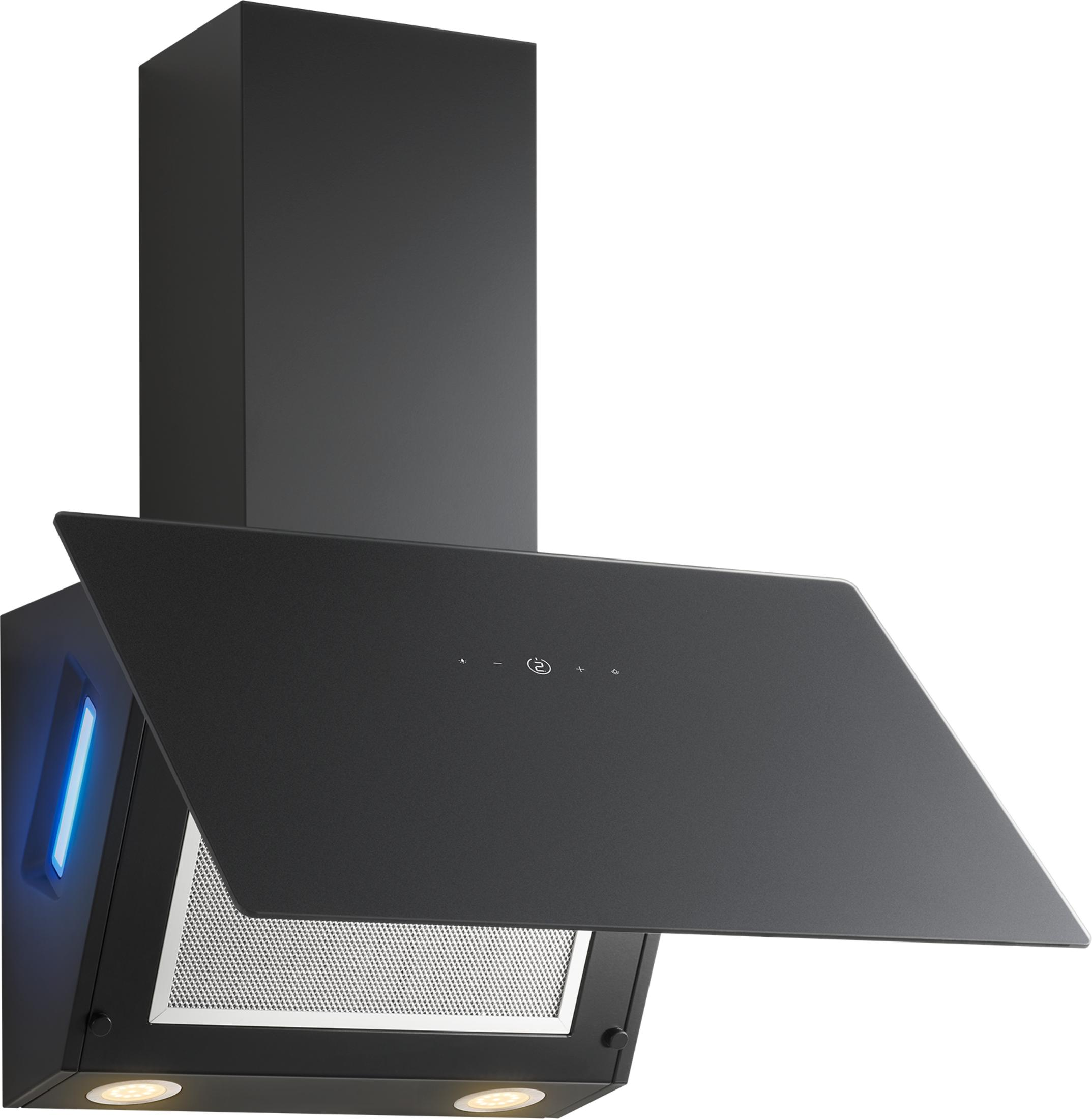 Cappa aspirante nera con comandi touch e illuminazione blu.