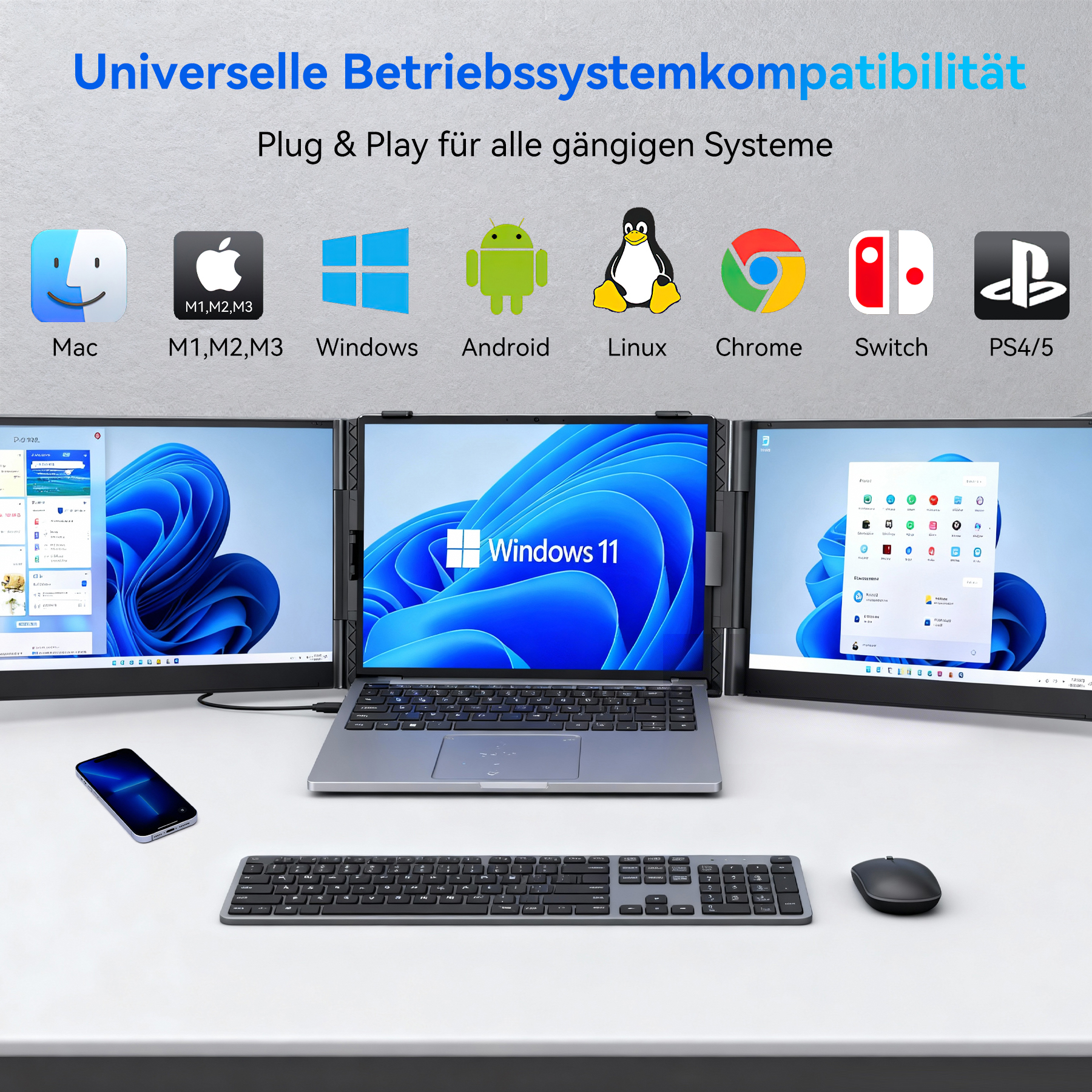 Ein Laptop mit drei Bildschirmen zeigt Windows 11. Icons für Systeme sind oben.