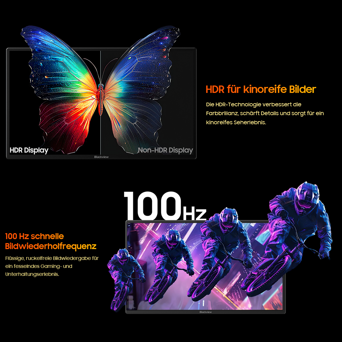 Links: HDR Display mit buntem Schmetterling, rechts: Non-HDR Display. Unten: 100Hz mit Motocross-Fahrern.
