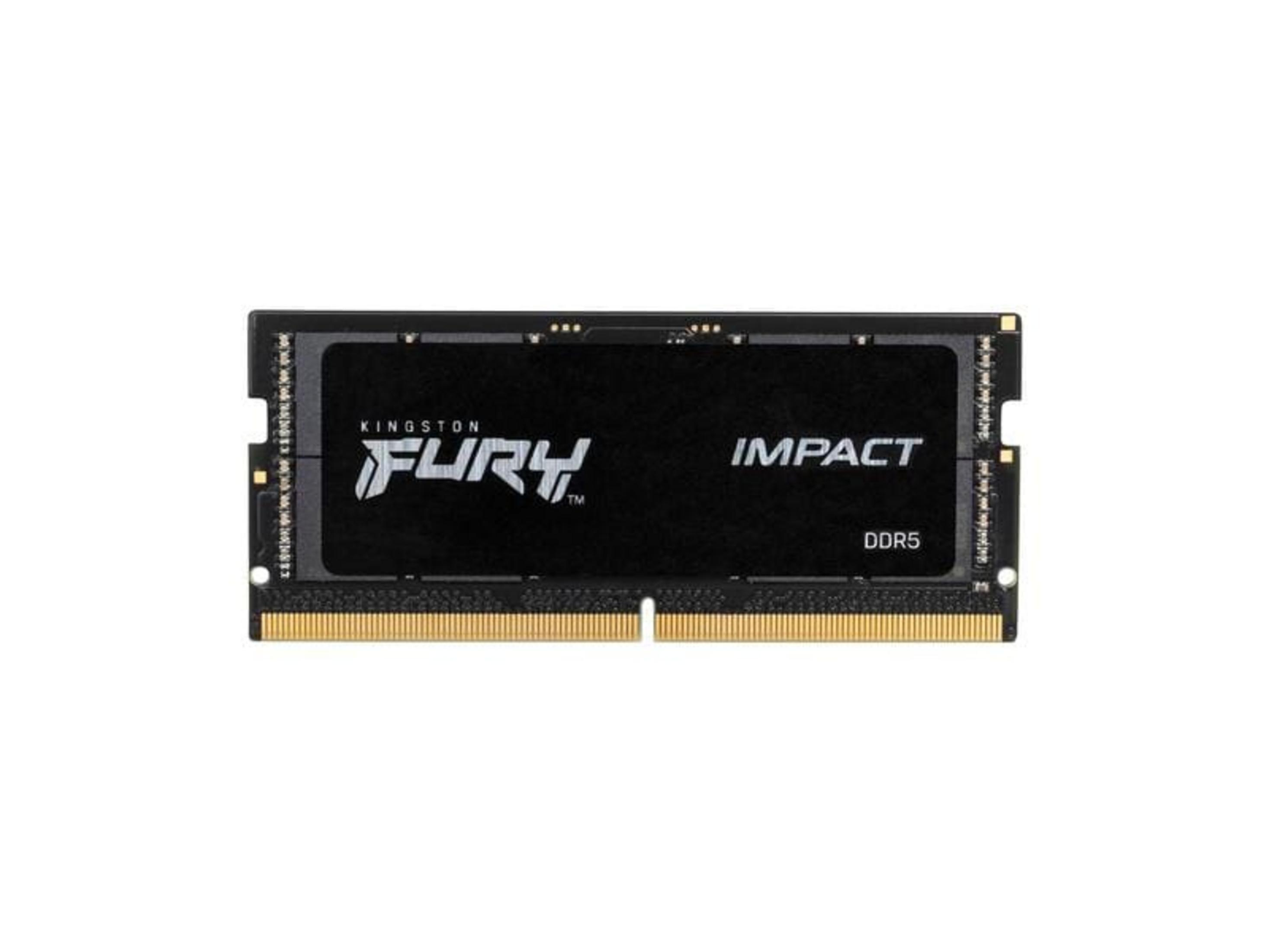 A black Kingston Fury Impact DDR5 RAM module with gold contacts.