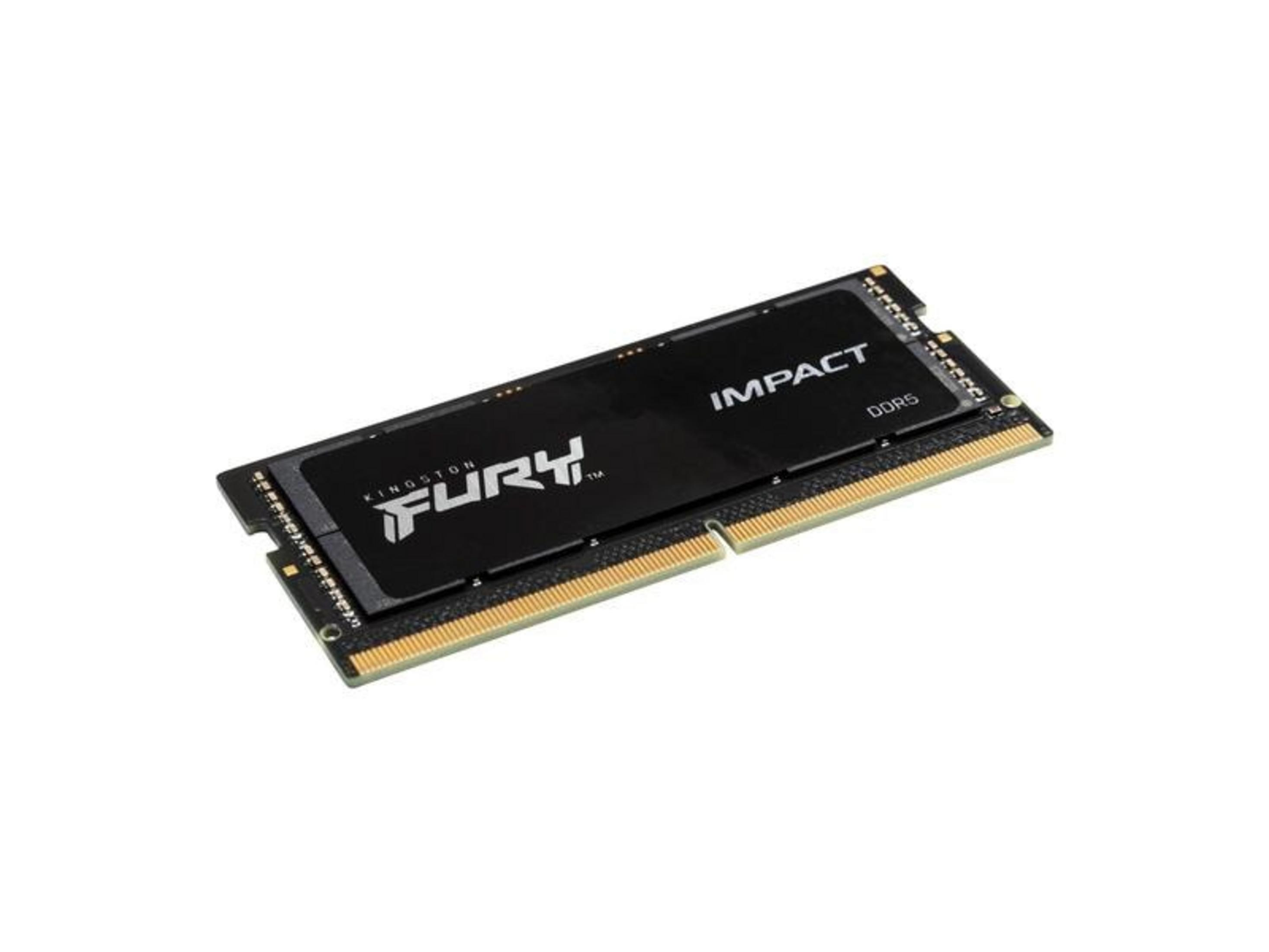 A black DDR5 RAM module with gold contacts and "FURY IMPACT" logo.