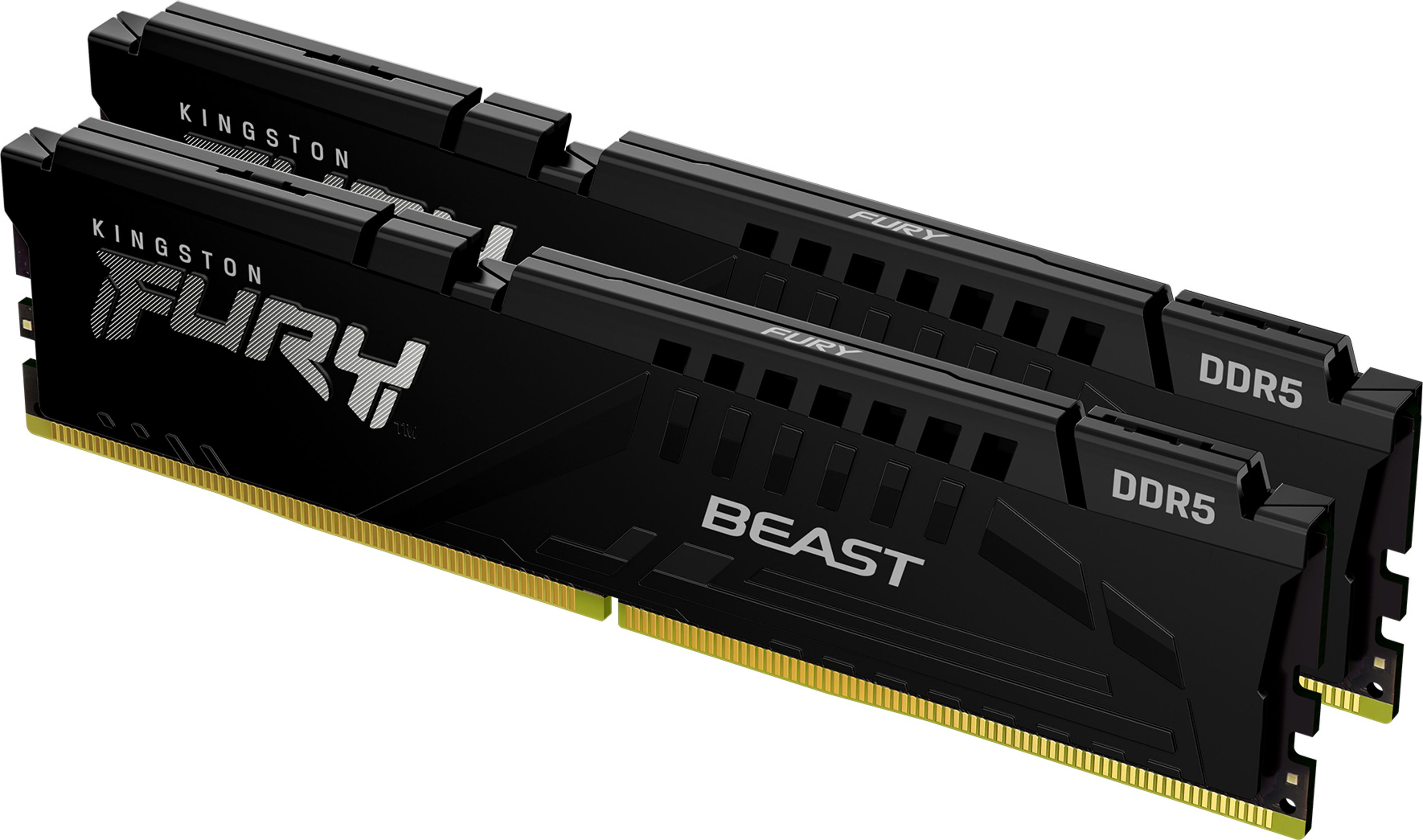 Two black Kingston FURY Beast DDR5 RAM modules with gold contacts.