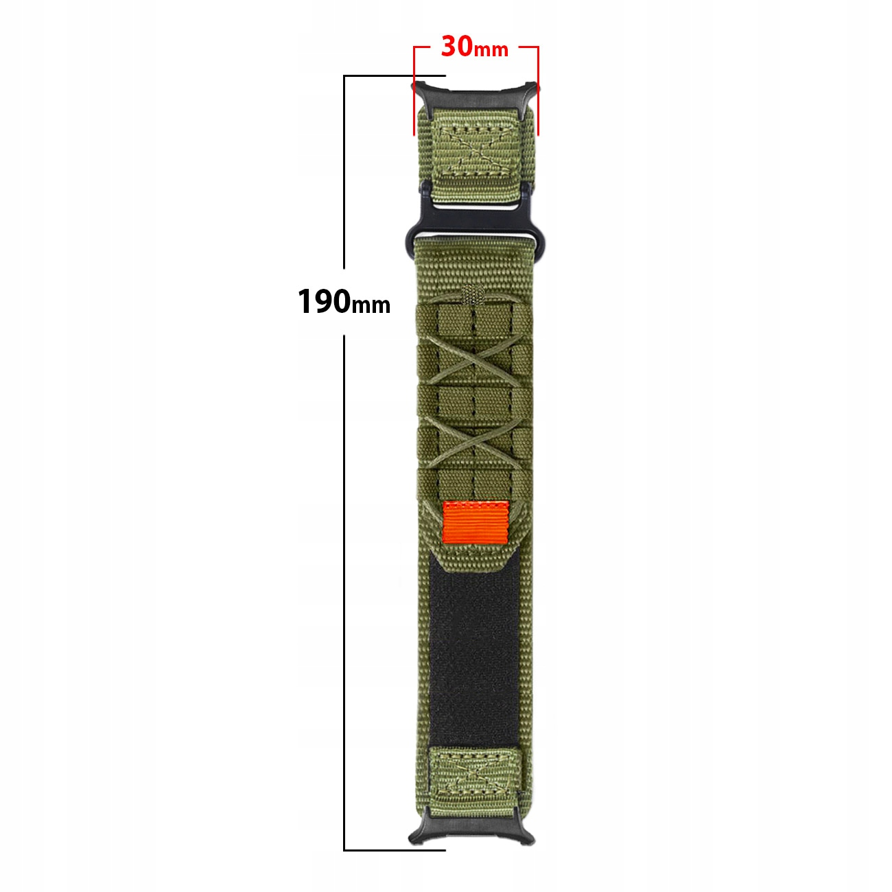 Zielona opaska z pomarańczowym akcentem, wymiary 30 mm i 190 mm.