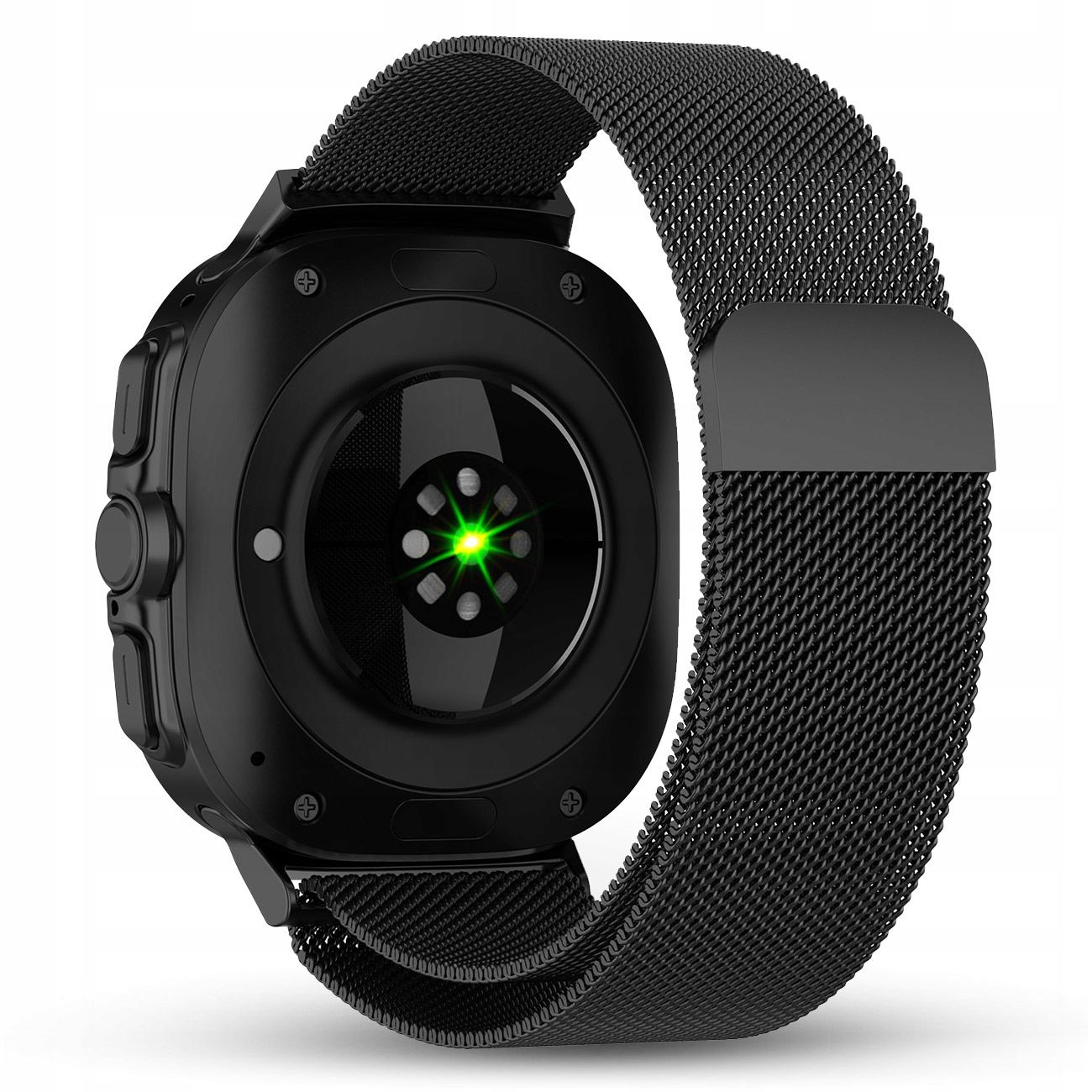 Czarny smartwatch z metalową bransoletą. Widok od tyłu z czujnikiem tętna i zielonym światłem.