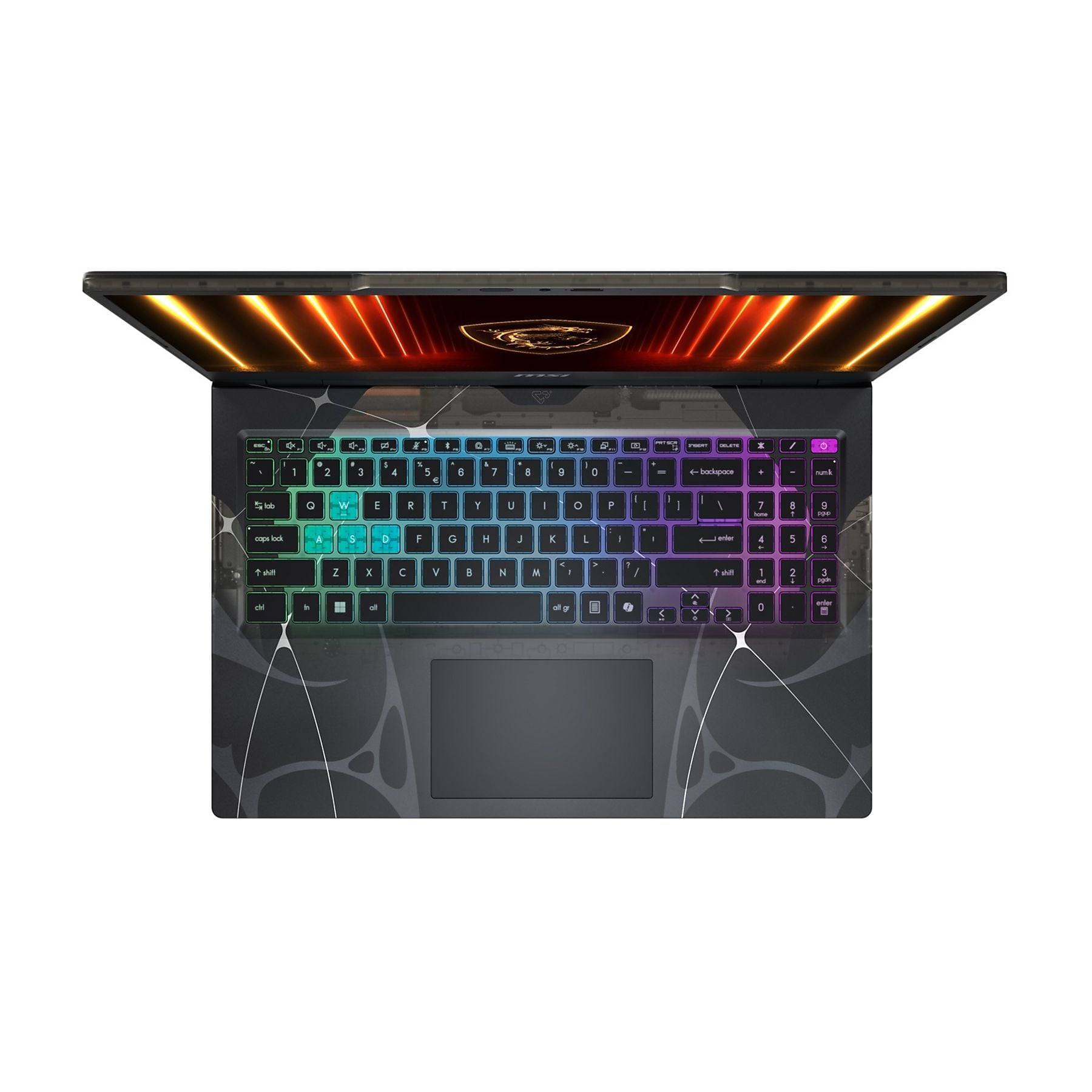 Un laptop aperto con tastiera retroilluminata e logo di drago sullo schermo.