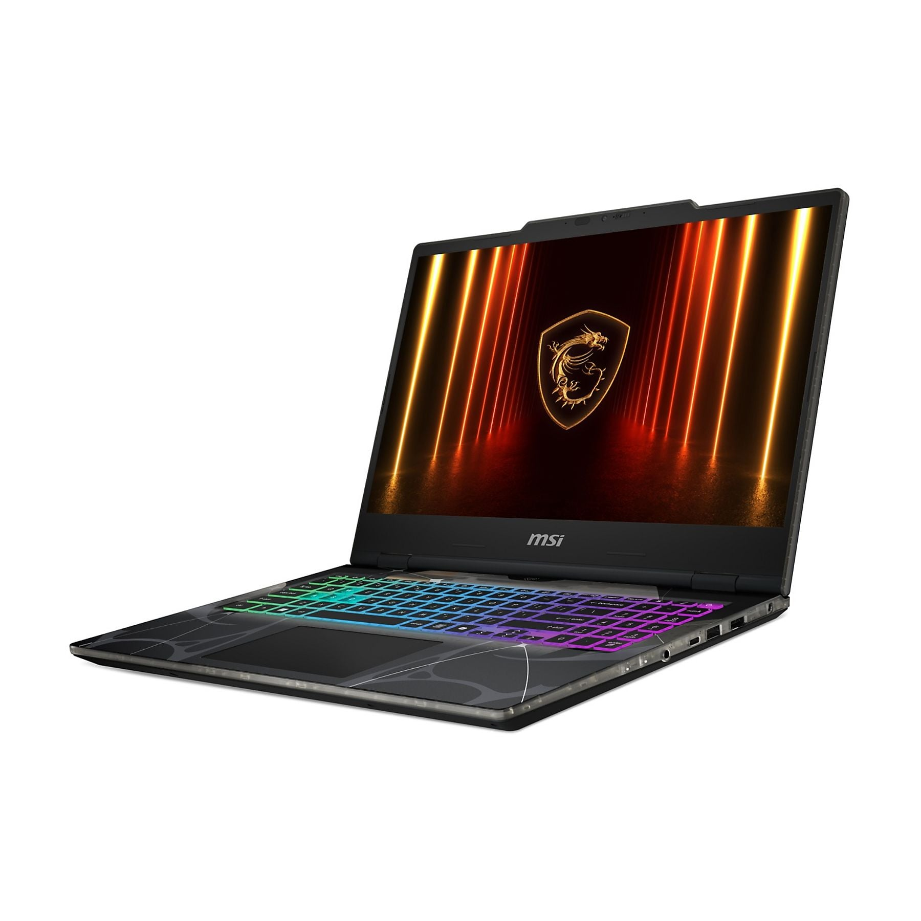 Un laptop MSI aperto con tastiera retroilluminata e logo drago sullo schermo.