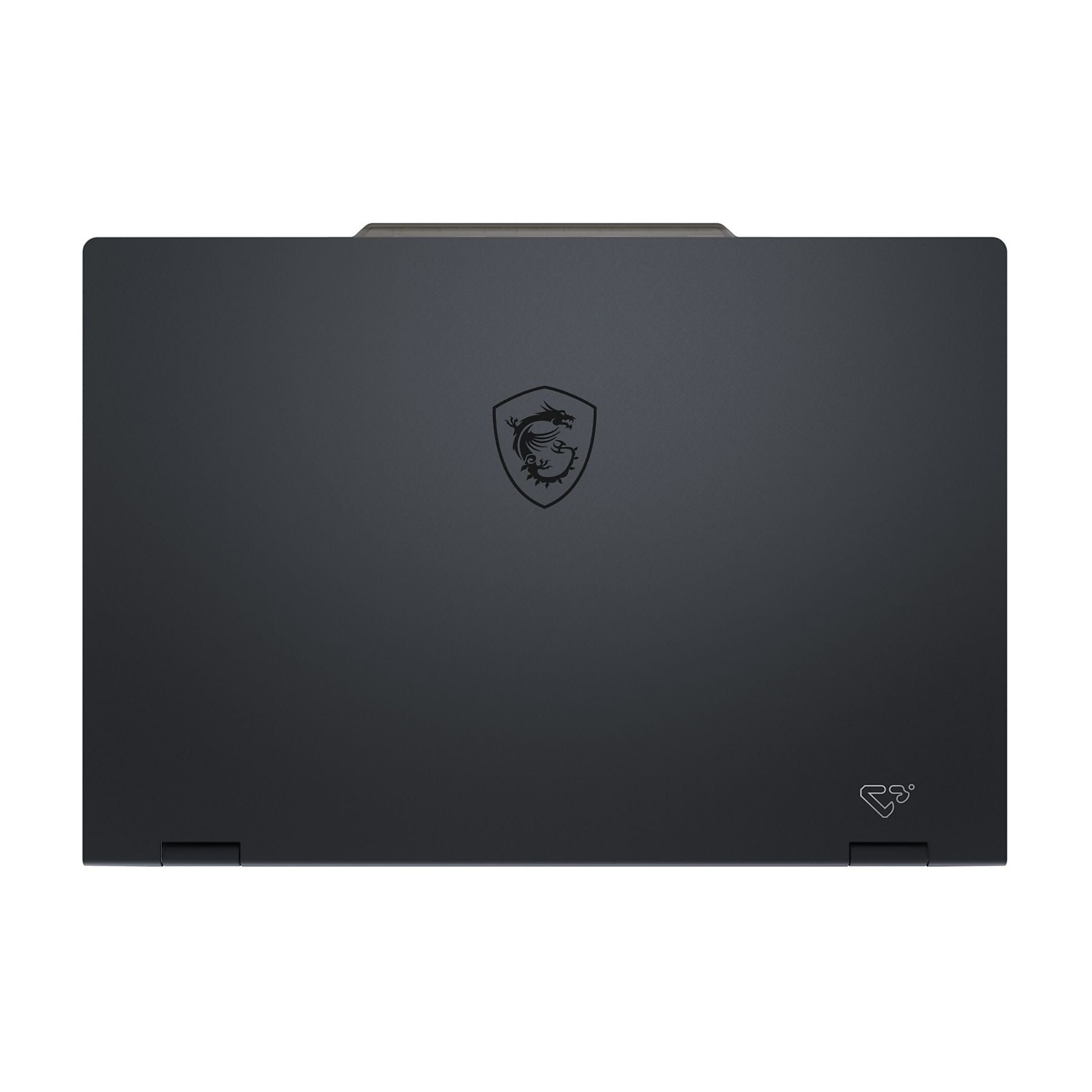 Laptop nero chiuso con logo drago MSI e un altro logo.
