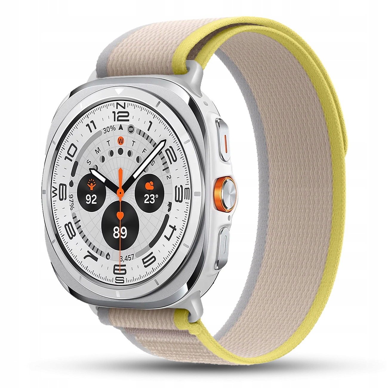 Srebrny smartwatch z beżowo-żółtym paskiem wyświetla 92, 23, 89 na ekranie.