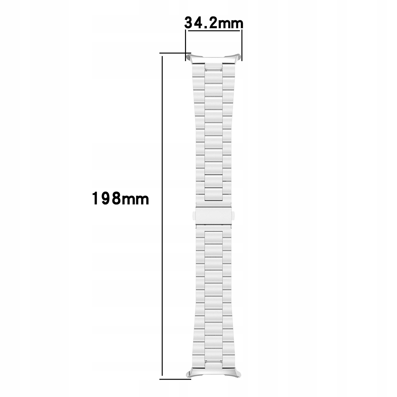 Srebrna metalowa bransoleta do zegarka, długa na 198mm, szeroka na 34,2mm.