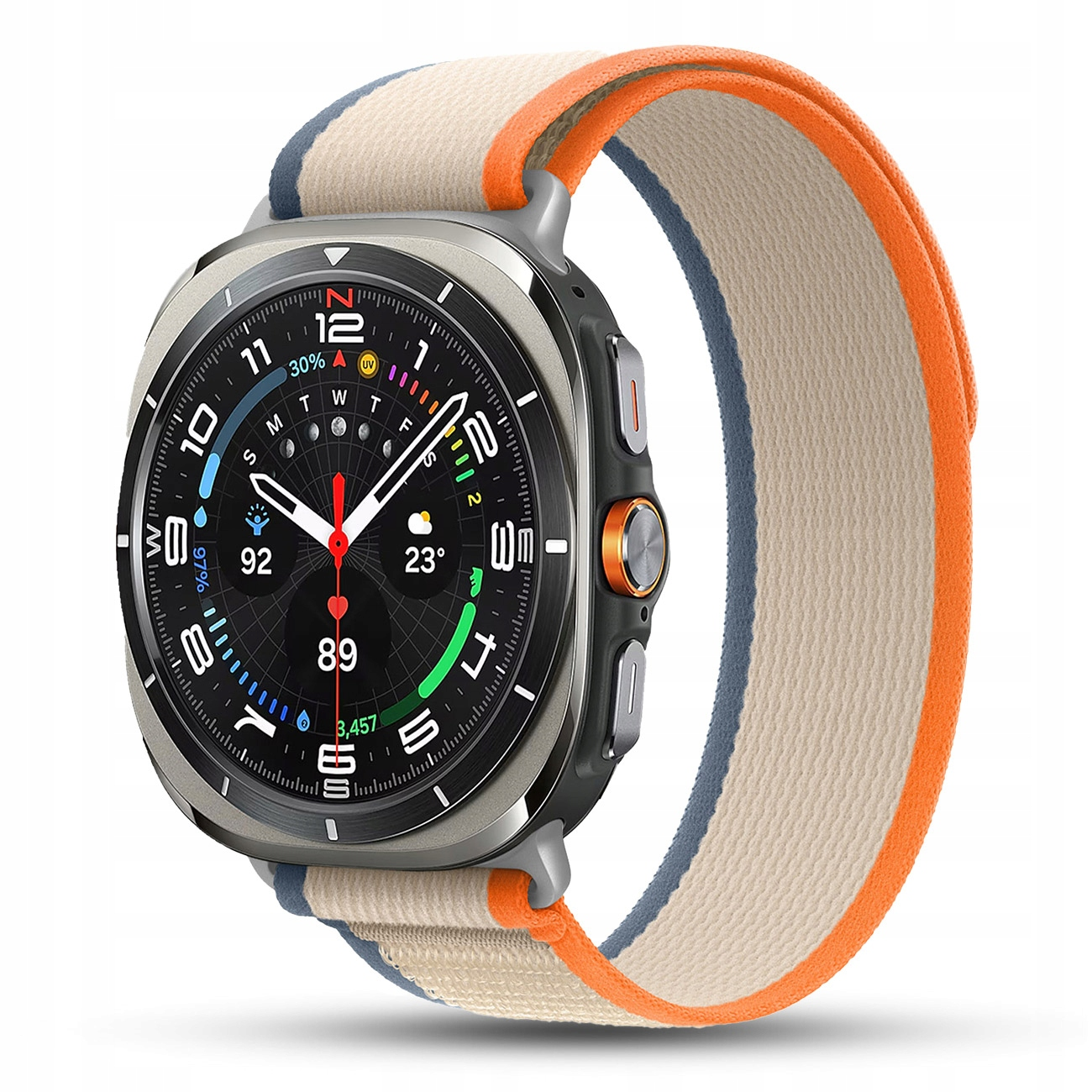 Szary smartwatch z beżowo-niebiesko-pomarańczową opaską materiałową. Tarcza zegarka pokazuje godzinę.