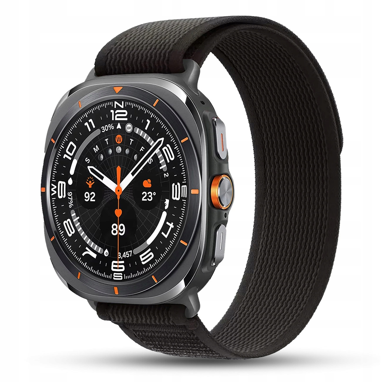 Szara smartwatch z czarnym paskiem i pomarańczowymi akcentami na tarczy.