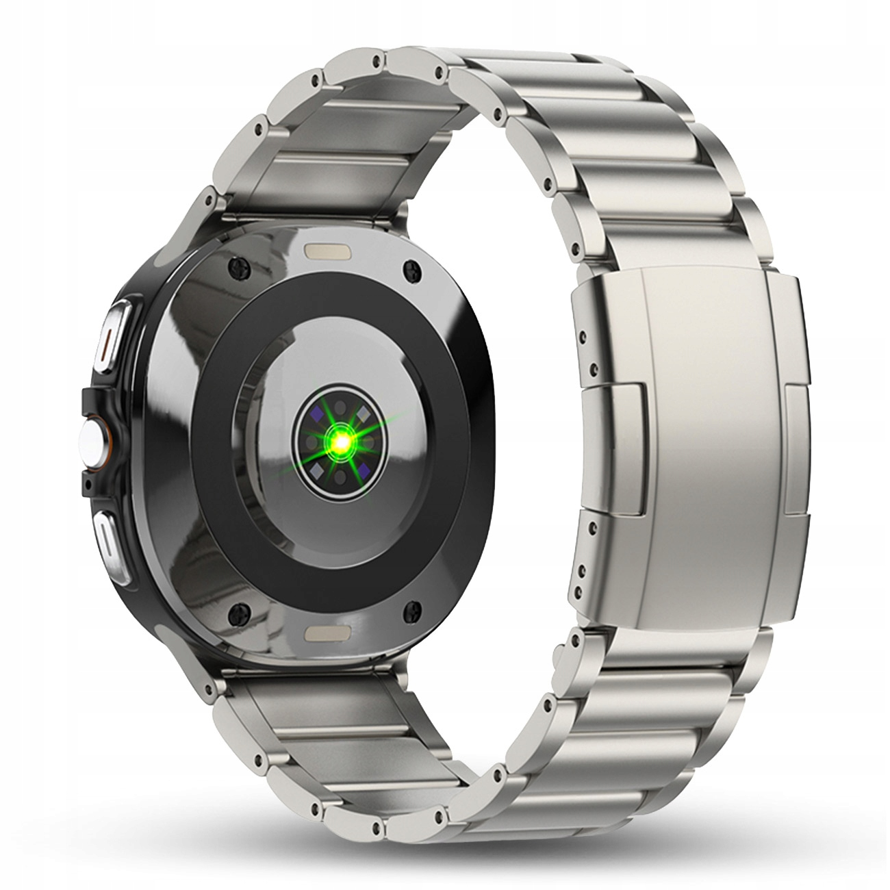 Srebrny smartwatch z metalową bransoletą, z zielonym czujnikiem tętna z tyłu.