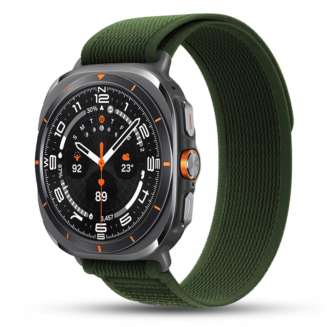 Szary smartwatch z zielonym paskiem wyświetla informacje na ekranie.