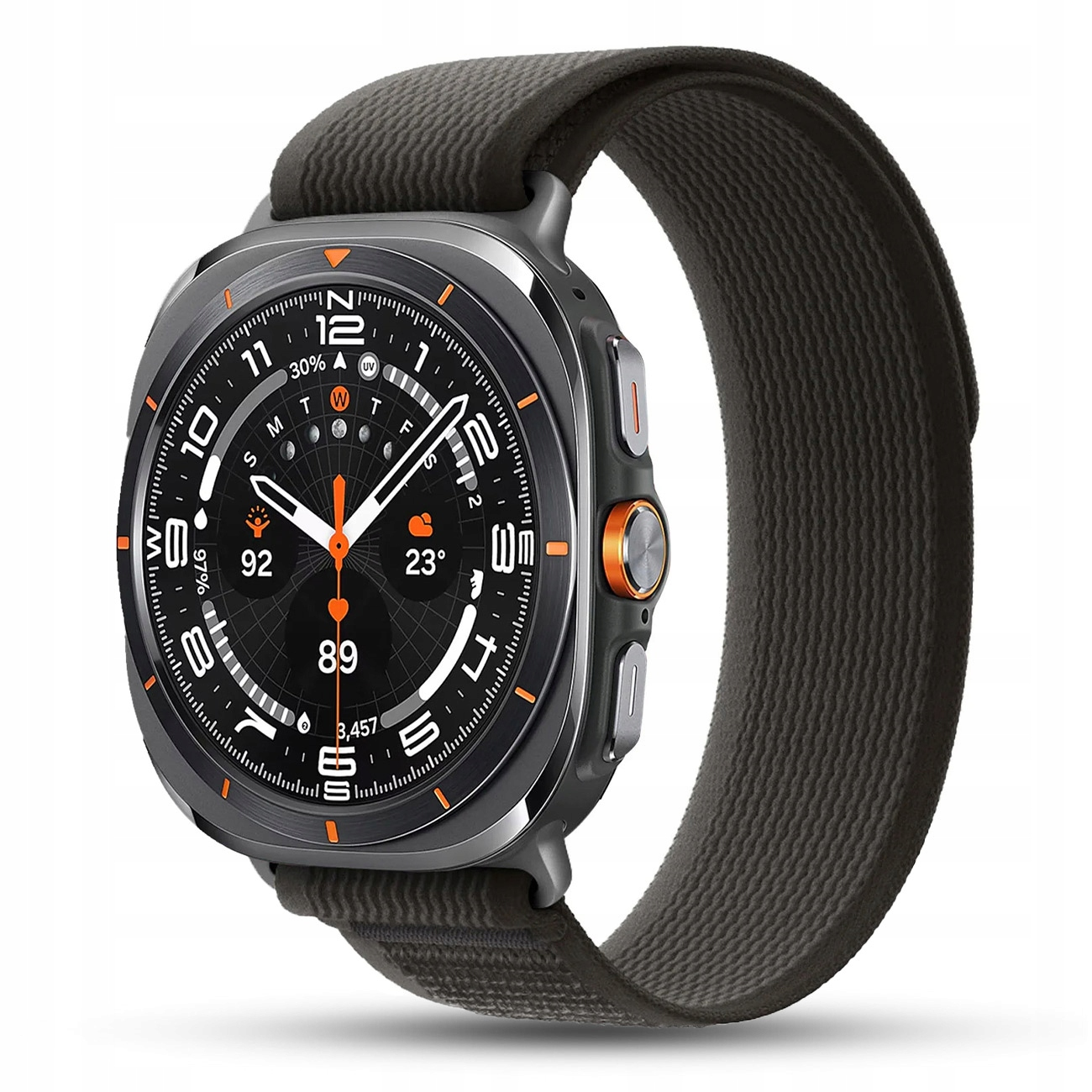 Szary smartwatch z pomarańczowymi akcentami i tekstylnym paskiem. Wyświetla dane pogodowe.