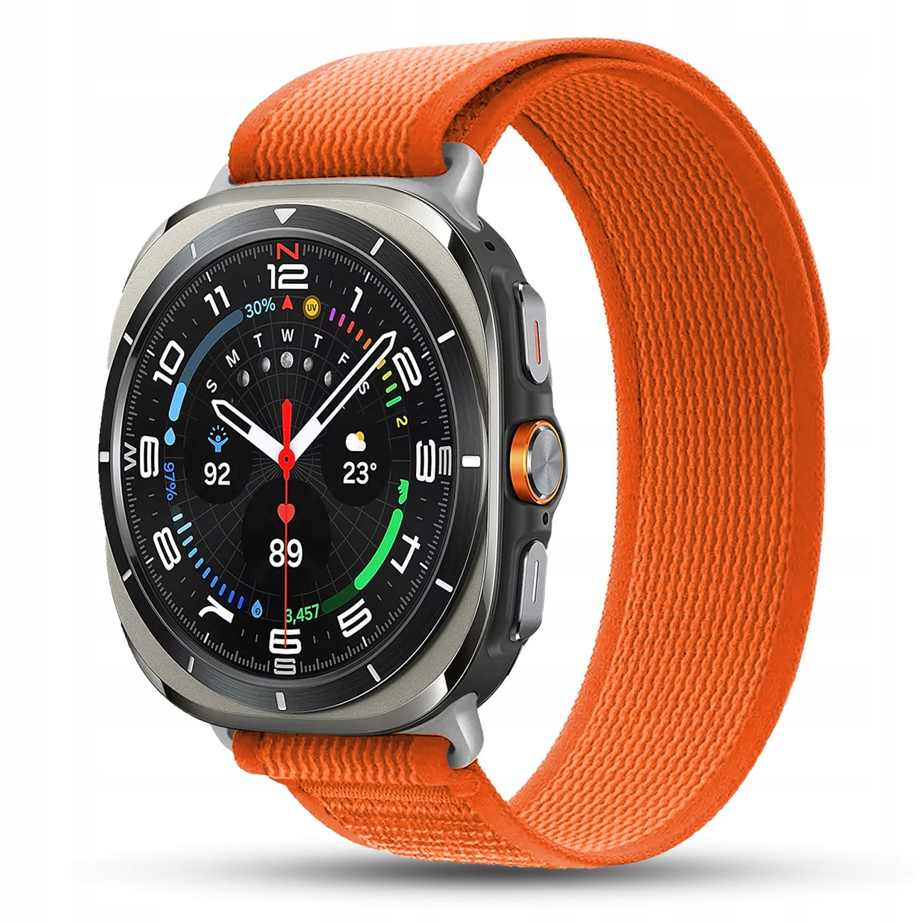 Pomarańczowy smartwatch z srebrną obudową, wyświetlający różne funkcje na ekranie.