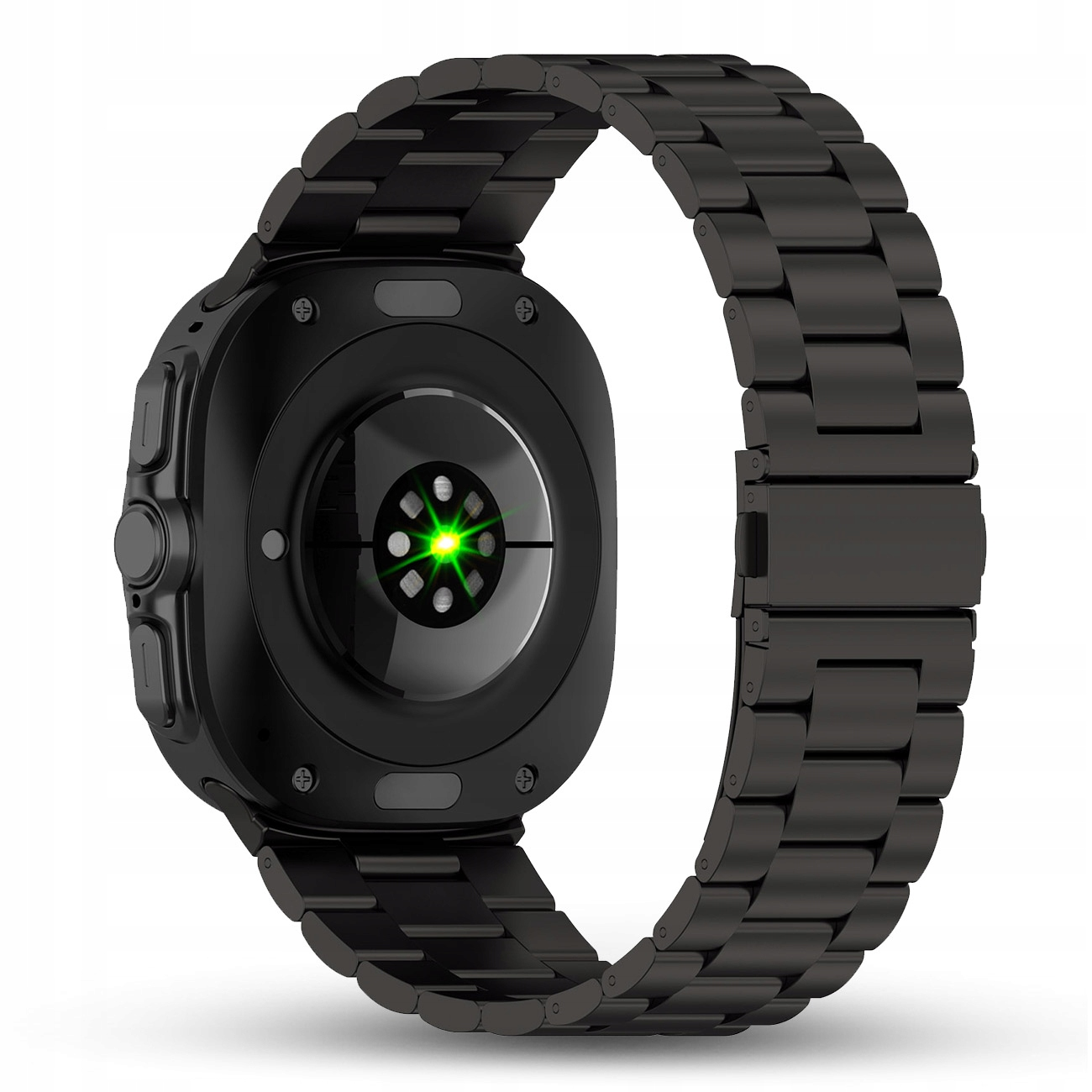 Czarny smartwatch z metalową bransoletą i świecącym zielonym czujnikiem tętna.