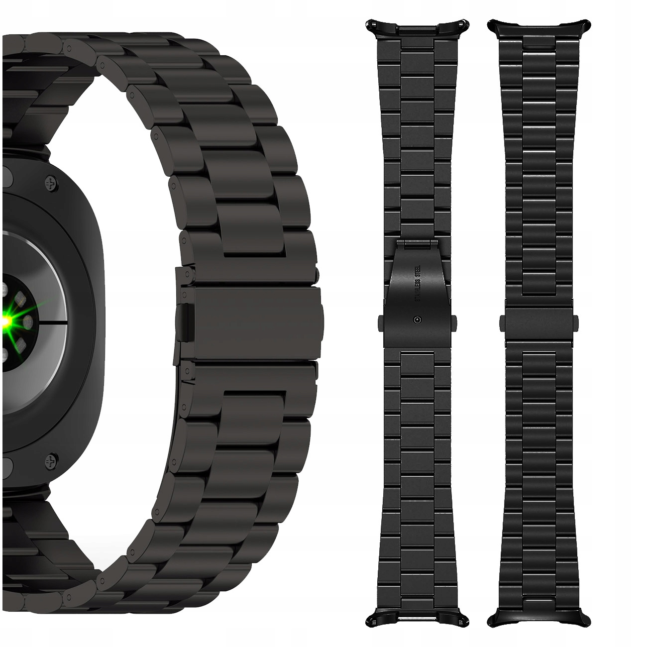 Czarny smartwatch i dwa wymienne czarne metalowe paski do zegarka są wyświetlane na białym tle.
