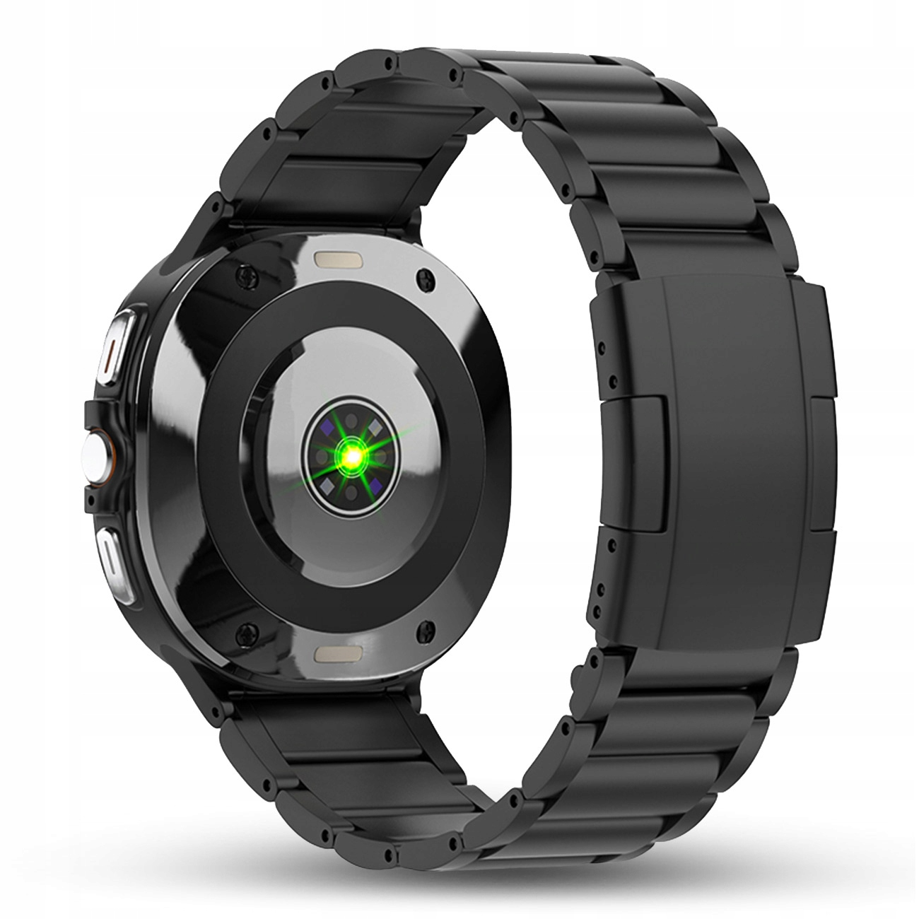 Czarny smartwatch z metalową bransoletą i świecącym zielonym sensorem tętna.