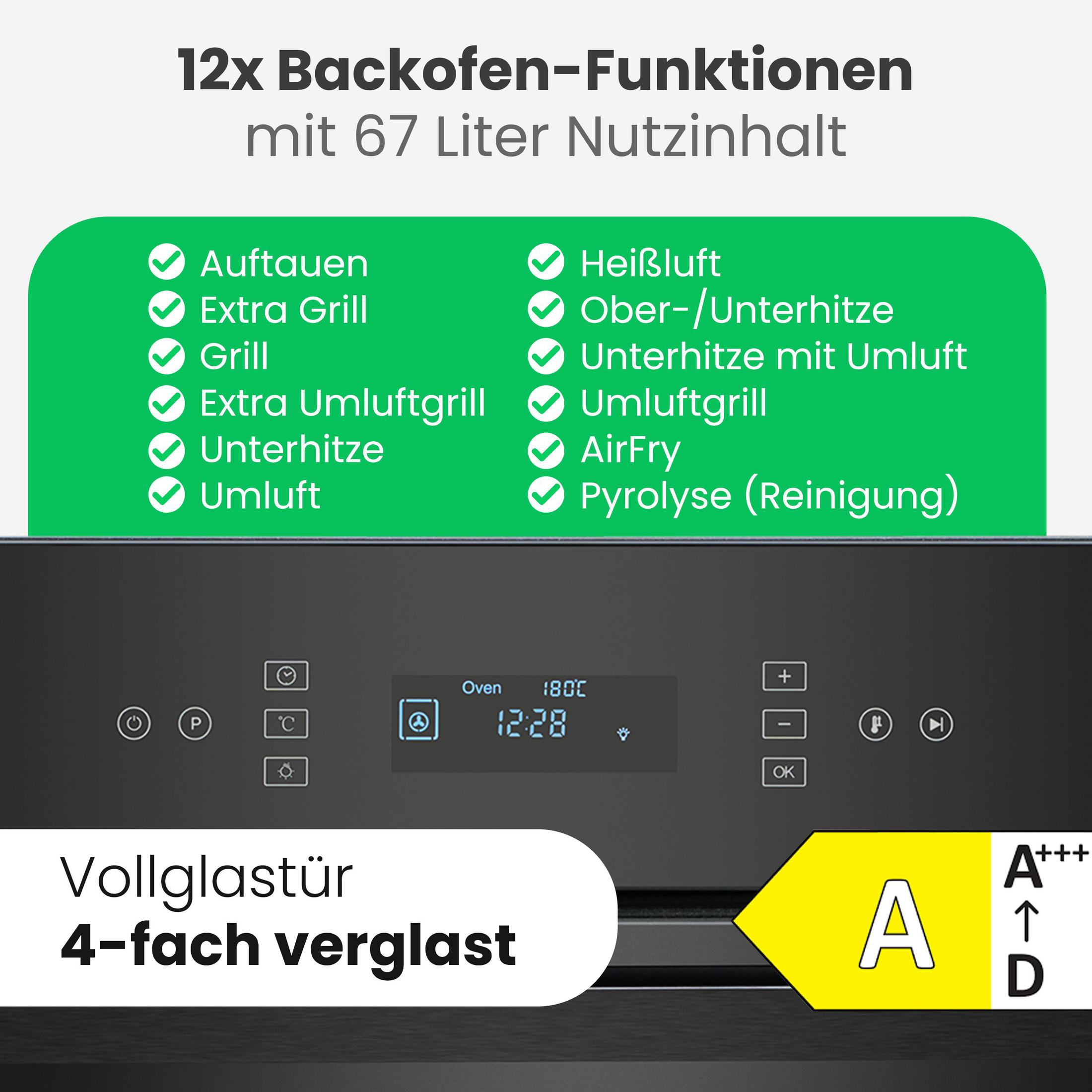 Einbauherd mit 12 Funktionen, 67L, Vollglastür, 4-fach verglast, Energieeffizienz A+++