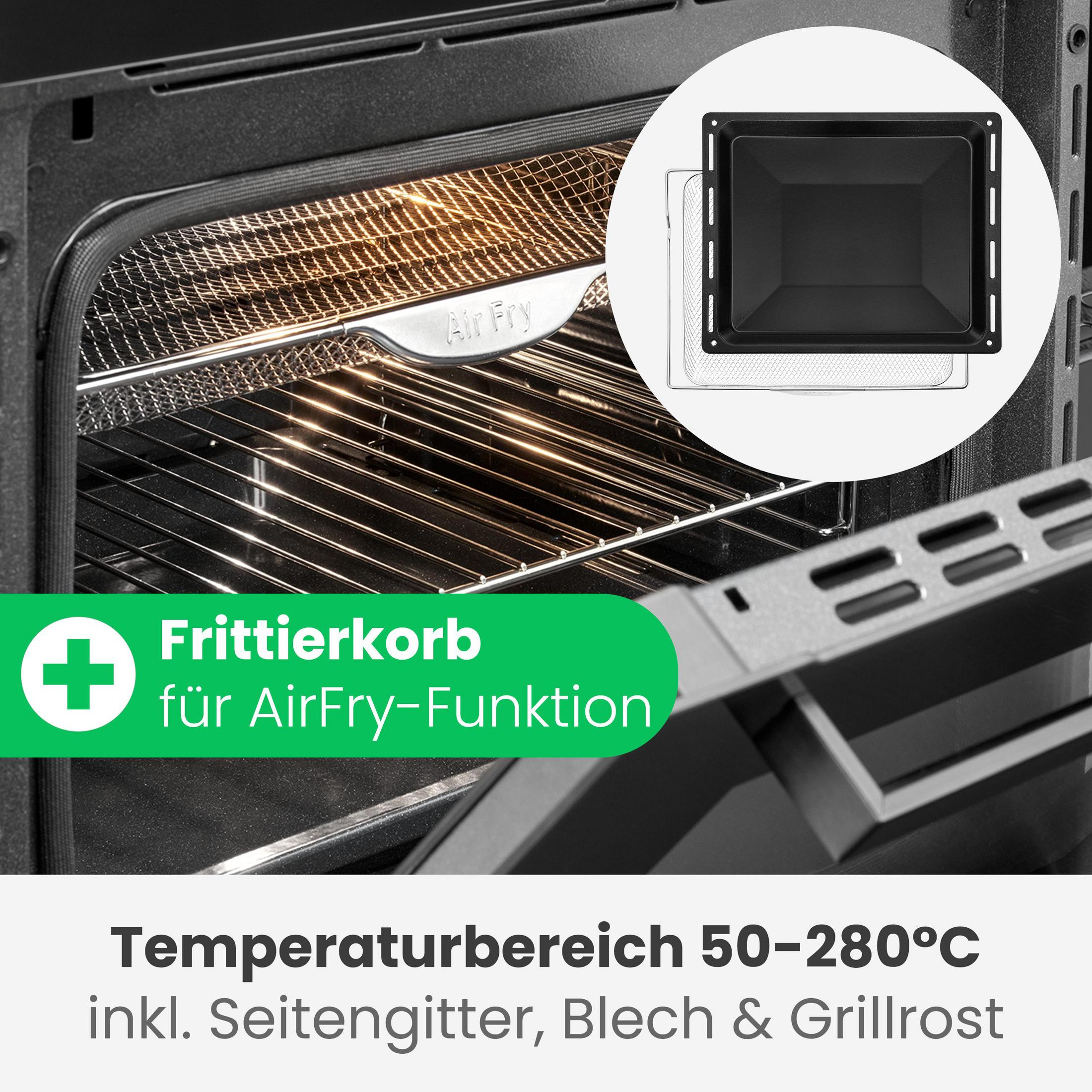 Ein Backofen mit einem "Air Fry" Einsatzeinsatz und Zubehör.