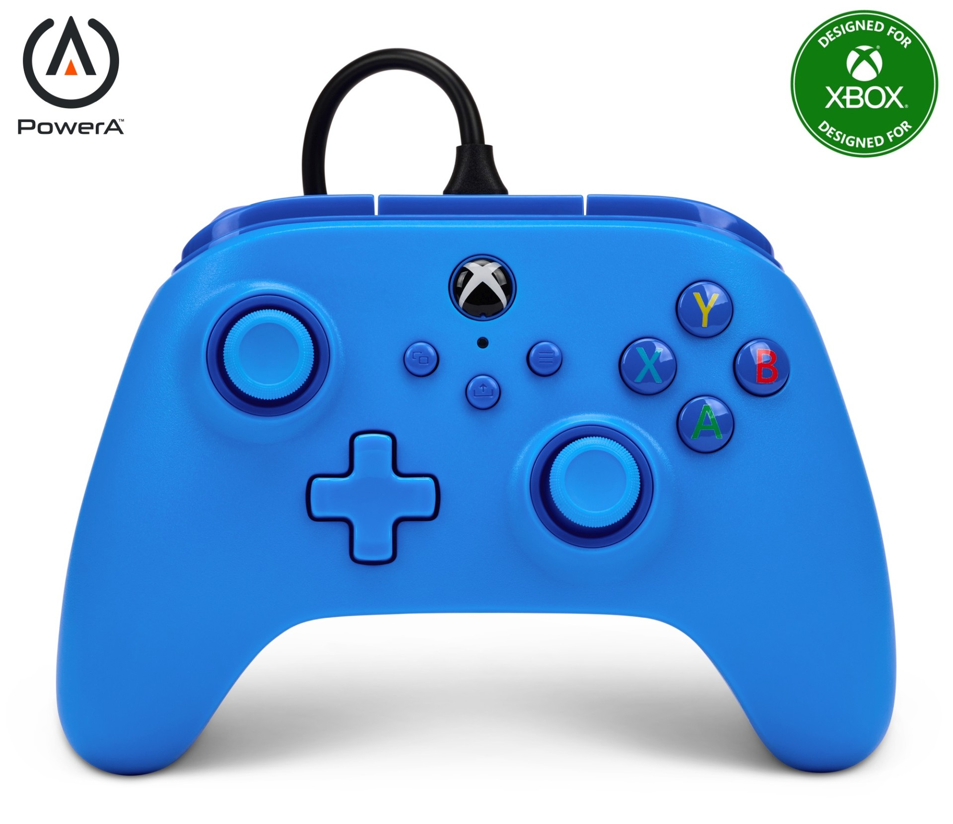 Niebieski kontroler PowerA Xbox z czarnym kablem i logo "Designed for Xbox".