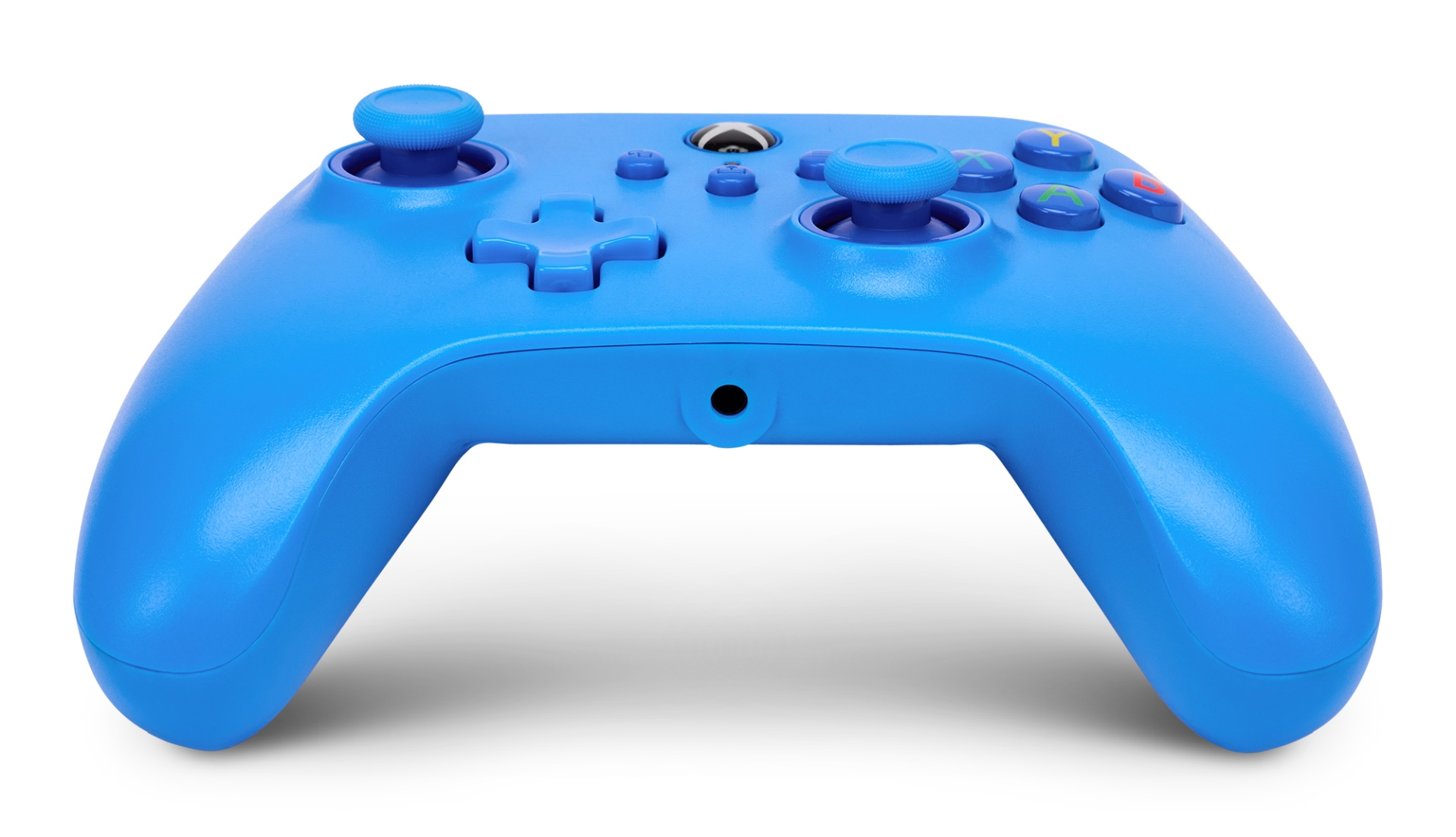 Niebieski kontroler Xbox z dwoma analogowymi drążkami i przyciskami.