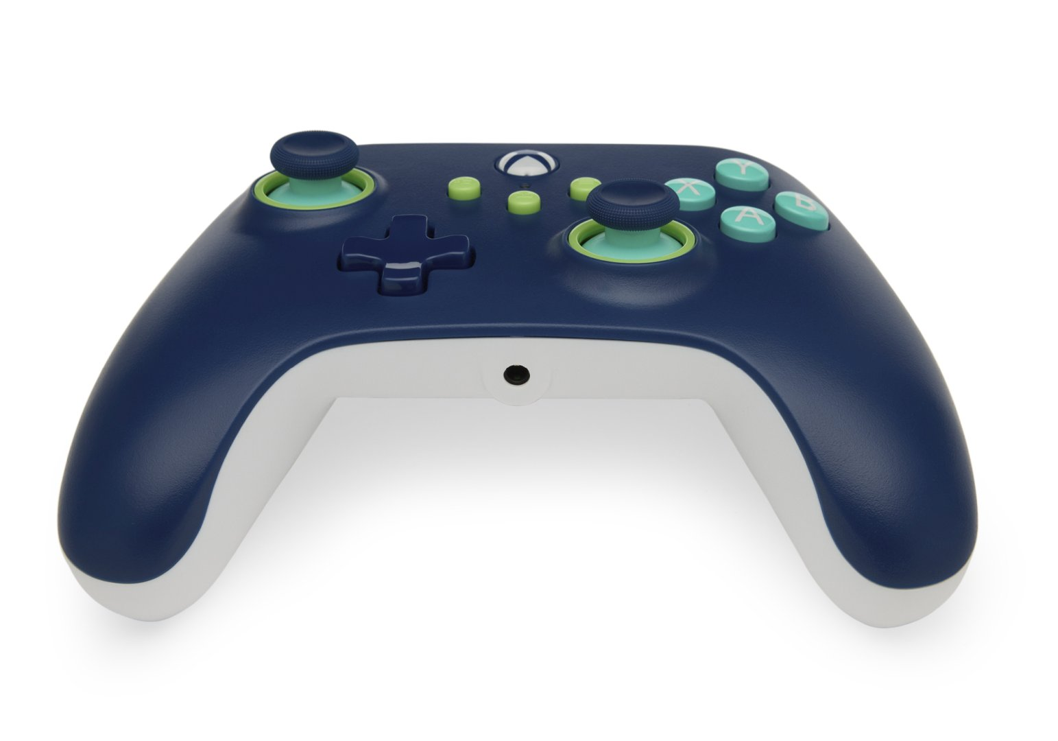 Ciemnoniebieski kontroler Xbox z jasnozielonymi akcentami i białym uchwytem.