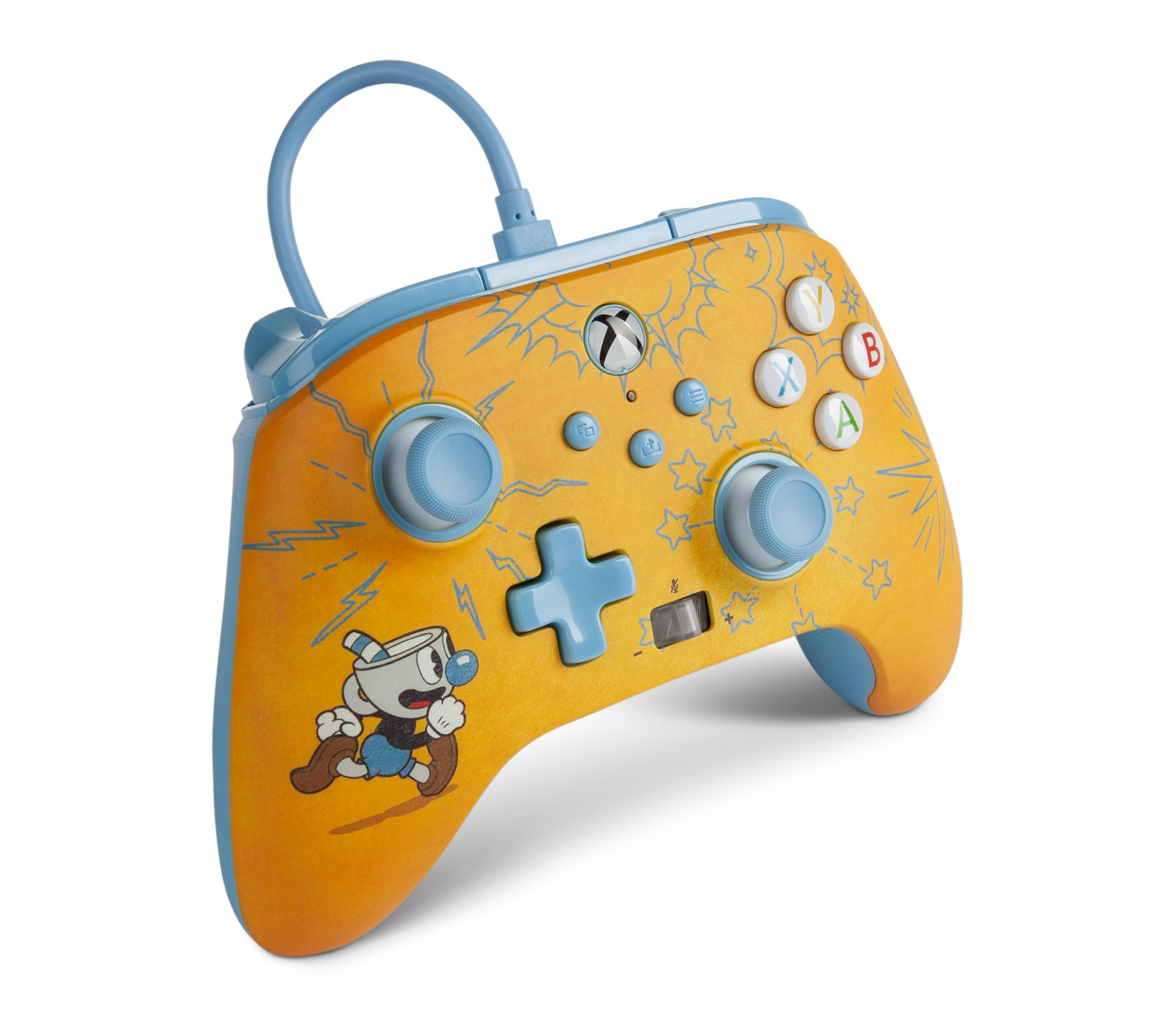 Pomarańczowy kontroler Xbox z niebieskimi akcentami i grafiką Cuphead.