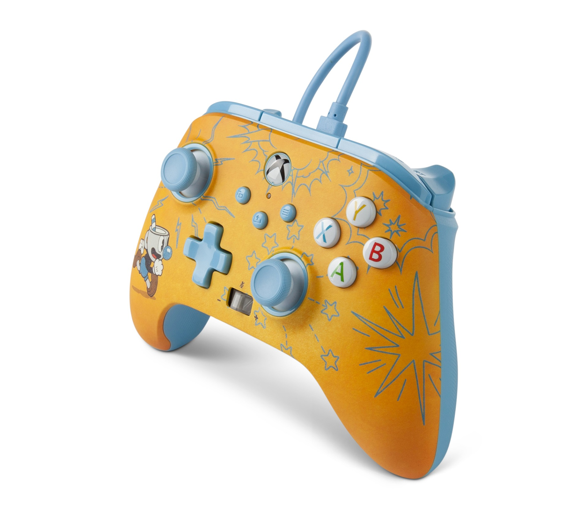 Pomarańczowy kontroler Xbox z niebieskim wzorem Cuphead i gwiazdami.