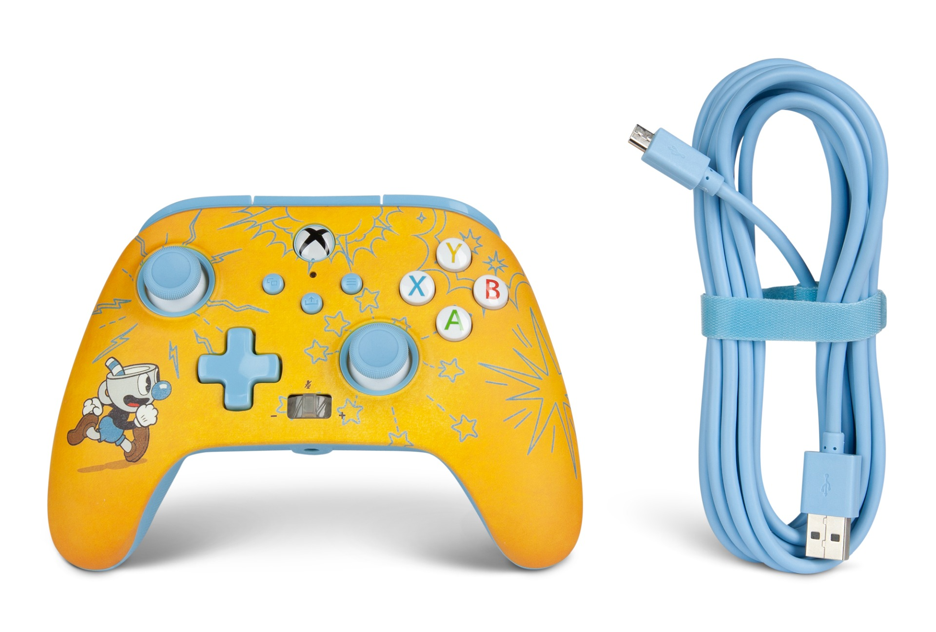 Żółty kontroler Xbox z motywem Cuphead i niebieski kabel USB.