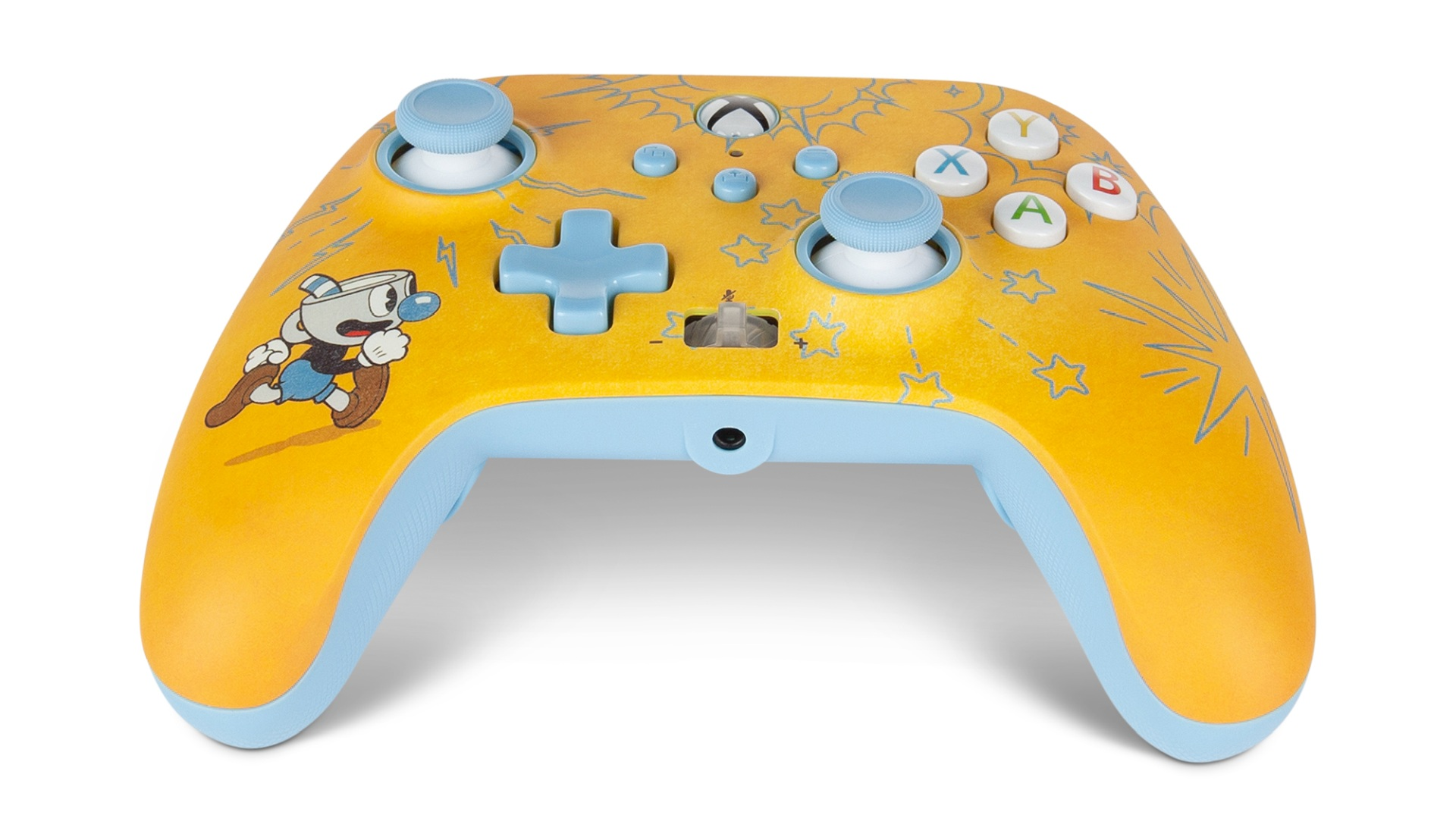 Żółty kontroler Xbox z niebieskim motywem Cuphead i gwiazdami.