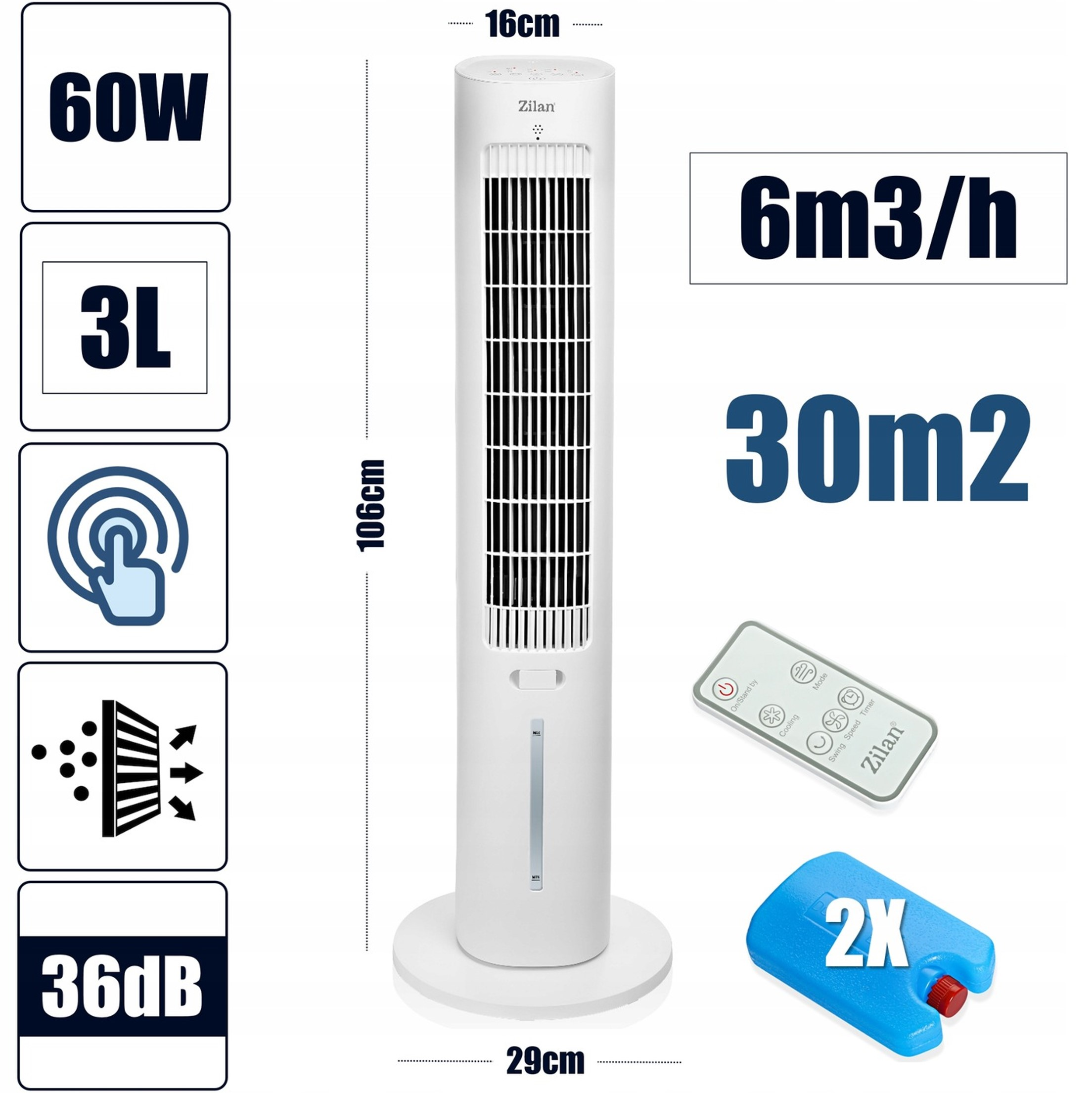 Biały wentylator wieżowy 60W, zbiornik 3L, wysokość 106cm, szerokość 29cm, 36dB i 6m3/h.