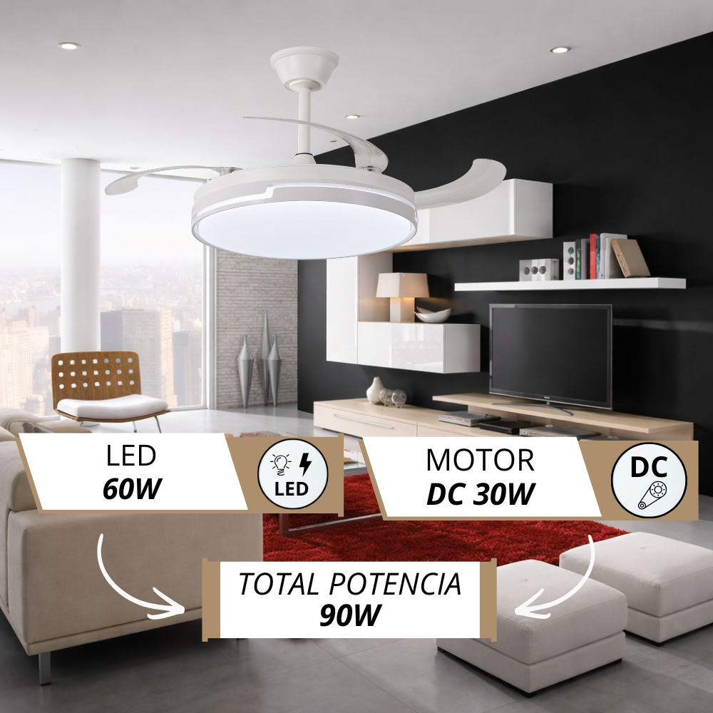Un ventilador de techo moderno con luz sobre un sofá y TV.