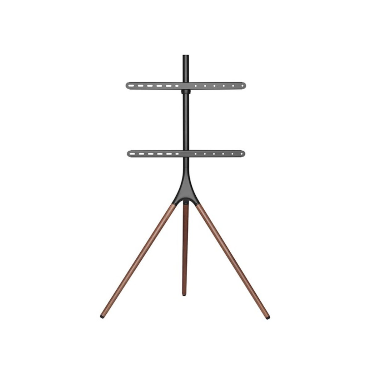 Supporto TV nero con tre gambe in legno e due supporti.