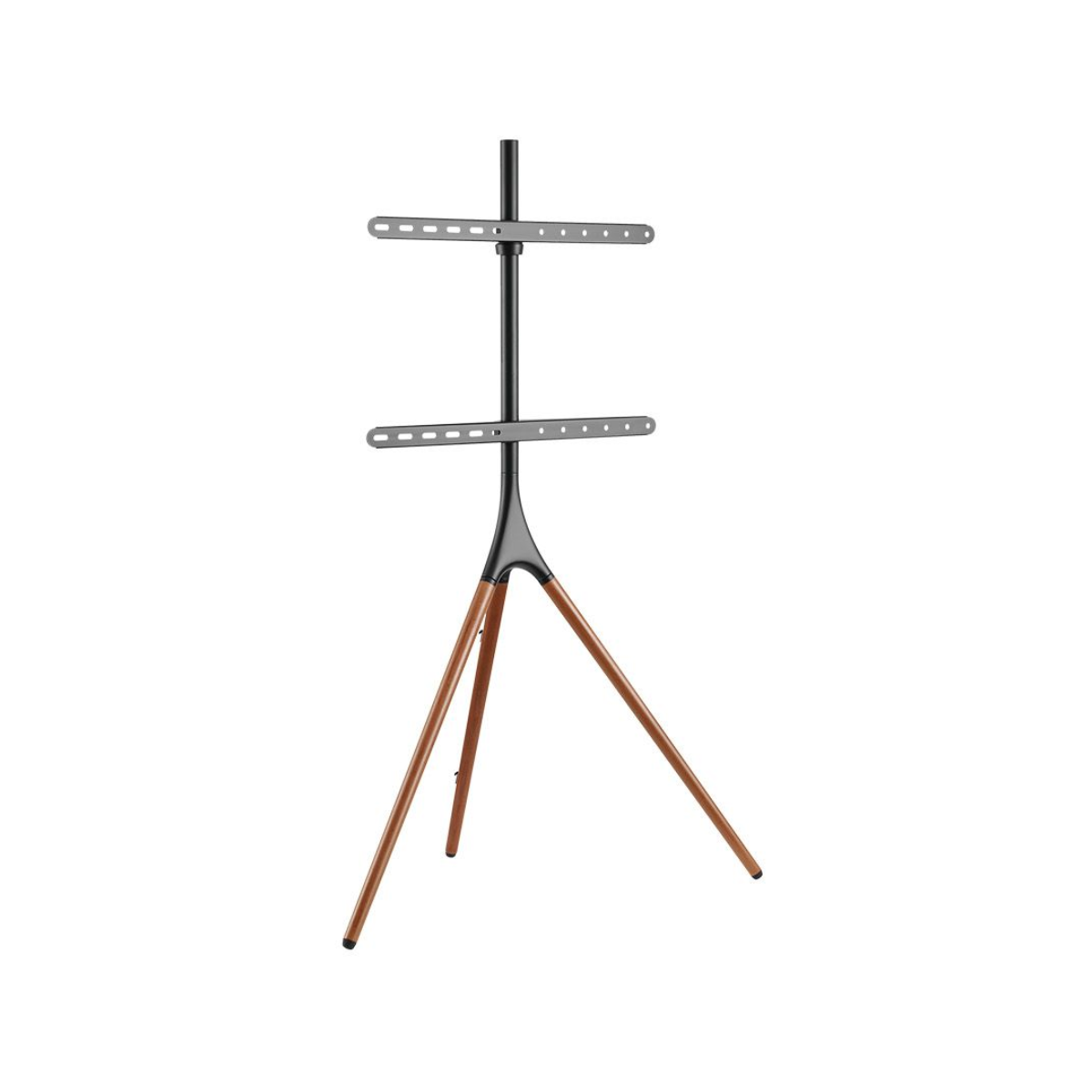 Supporto TV moderno con tre gambe in legno e supporto nero.