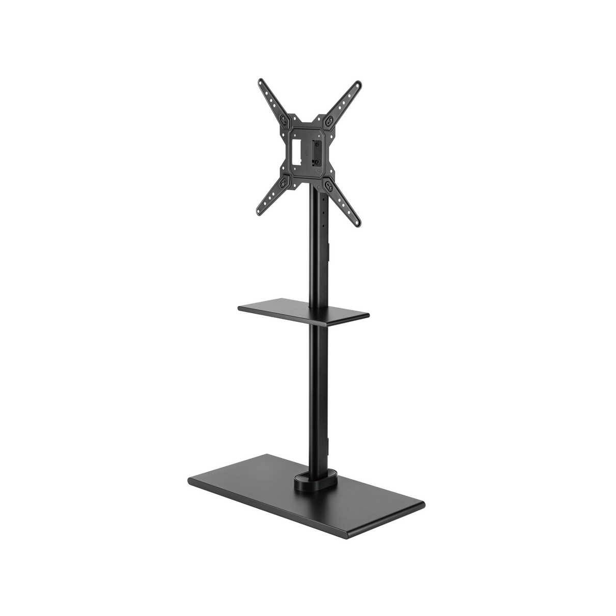 Supporto TV nero con supporto regolabile e ripiano su base rettangolare.