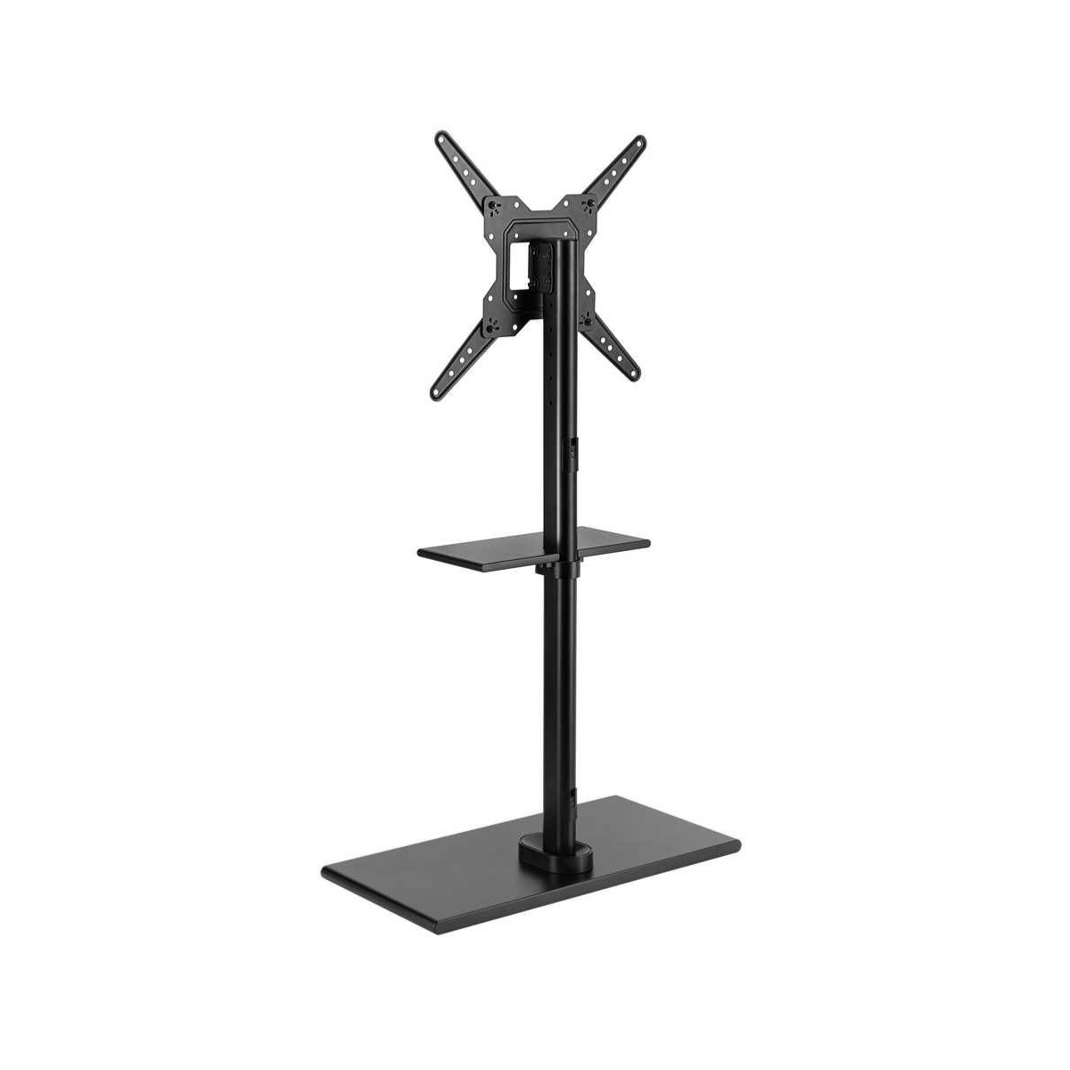 Supporto TV nero con base larga, palo verticale, mensola e attacco TV.