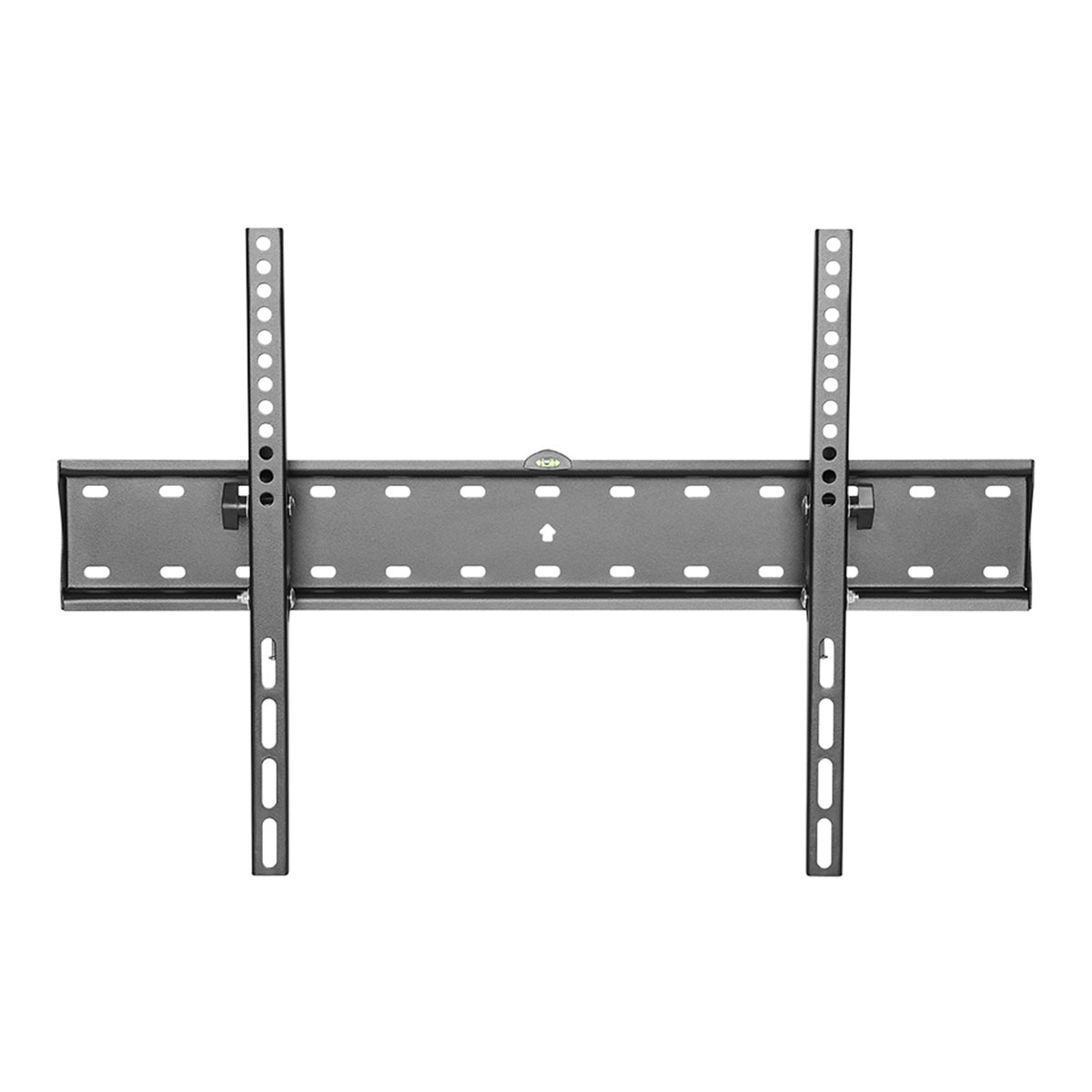 Supporto da parete TV in metallo grigio con bracci regolabili e livella.