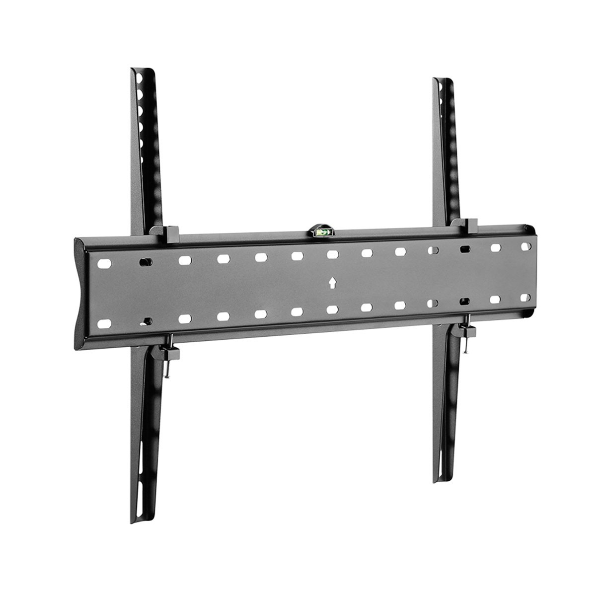Supporto da parete TV nero con bracci regolabili e livella.