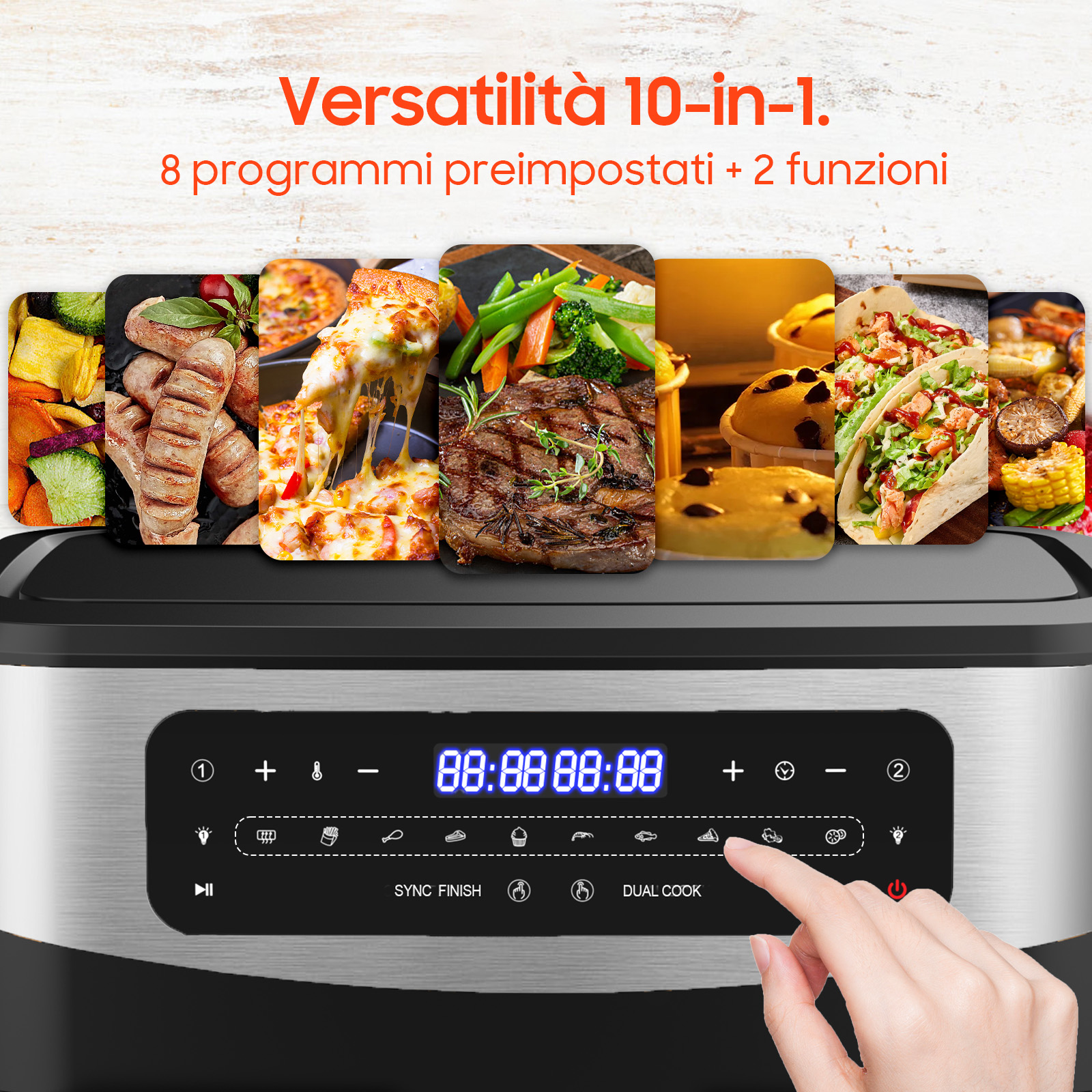Display di un multicooker con vari cibi e pannello di controllo.