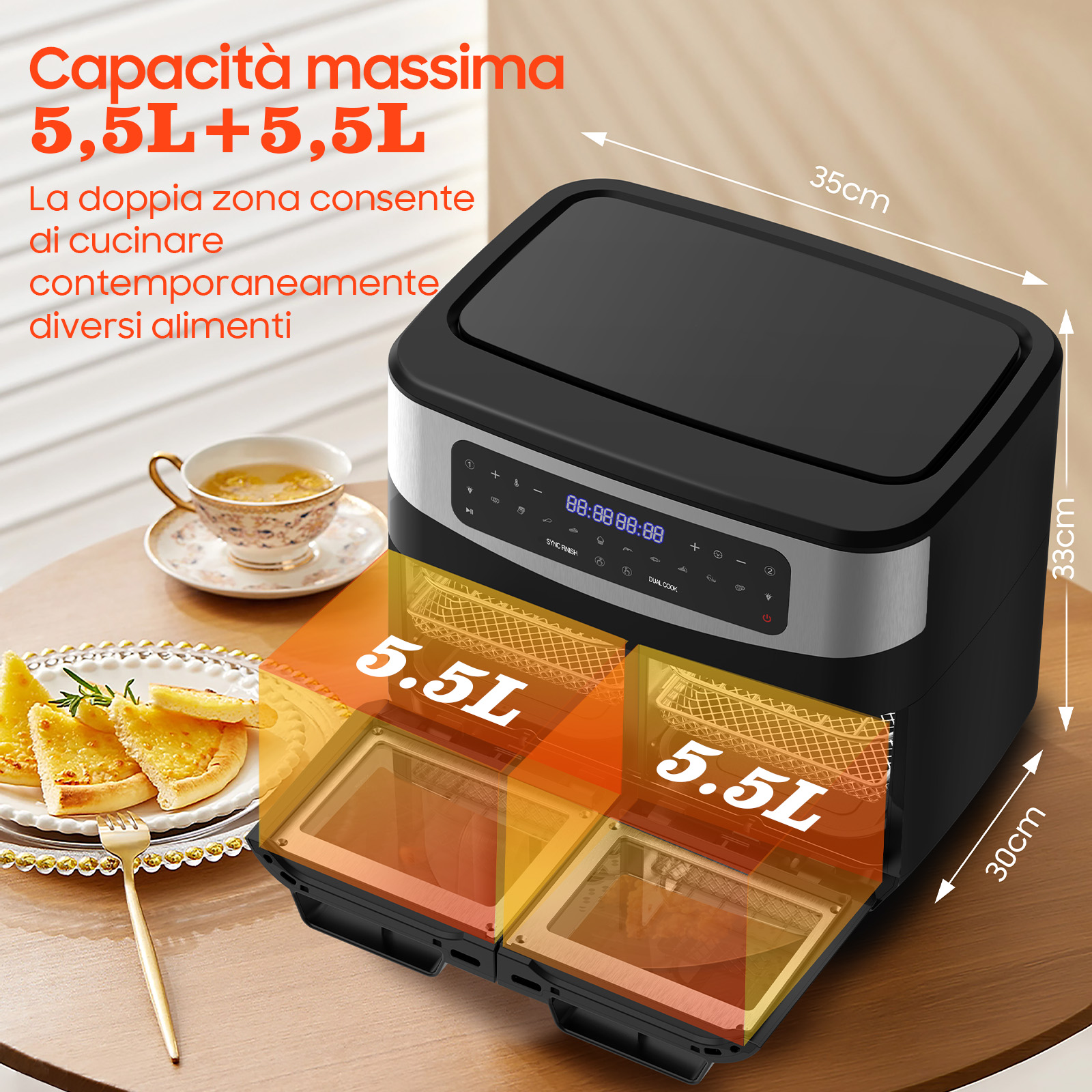 Una friggitrice ad aria doppia da 5,5L con cibo e una tazza di tè.