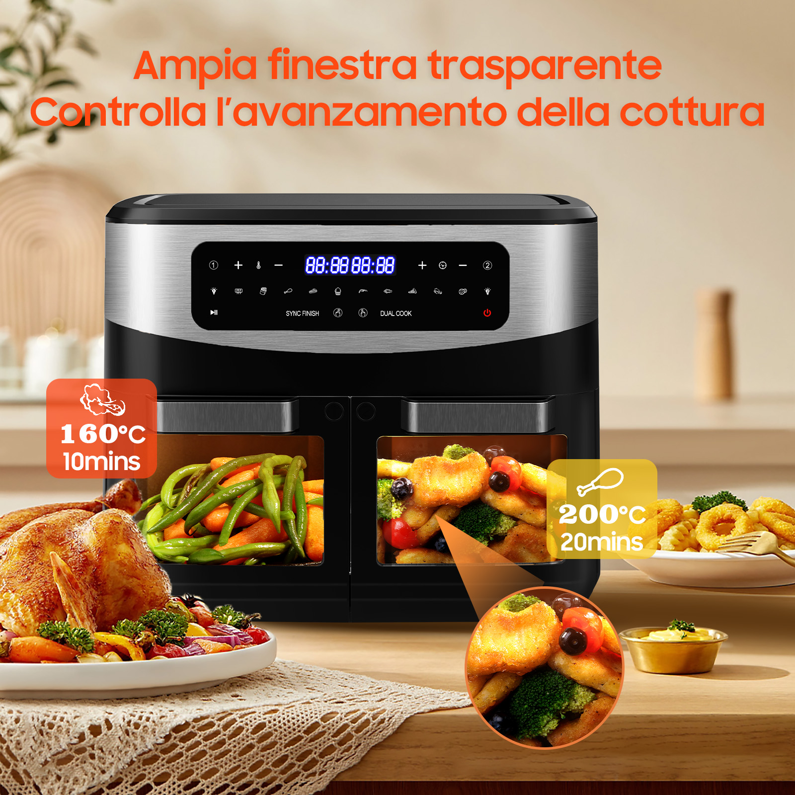 Freidora de aire de doble puerta con pollo, verduras y aros.