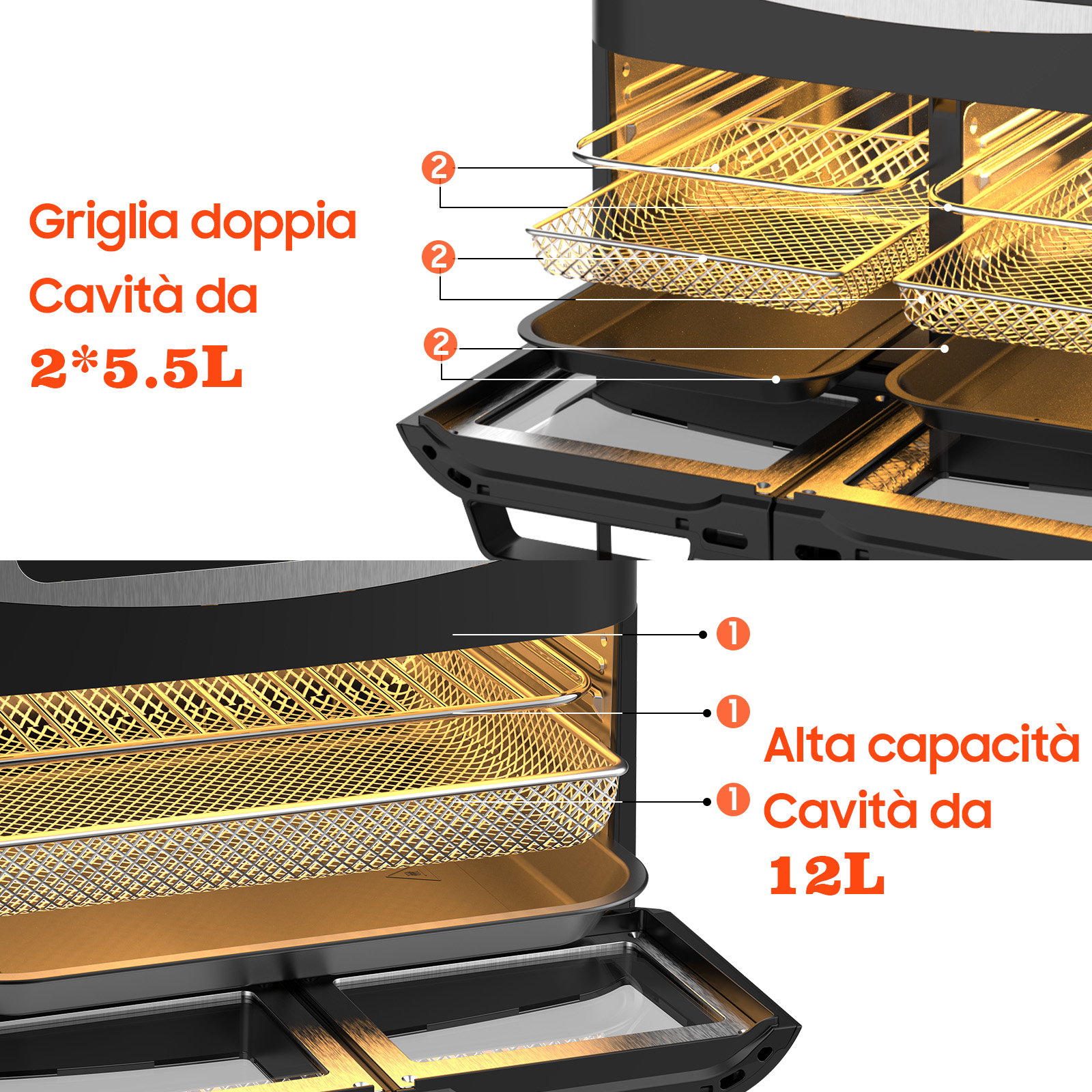 Friteuse ad aria con doppio cestello, capacità 2x 5.5L e totale 12L.