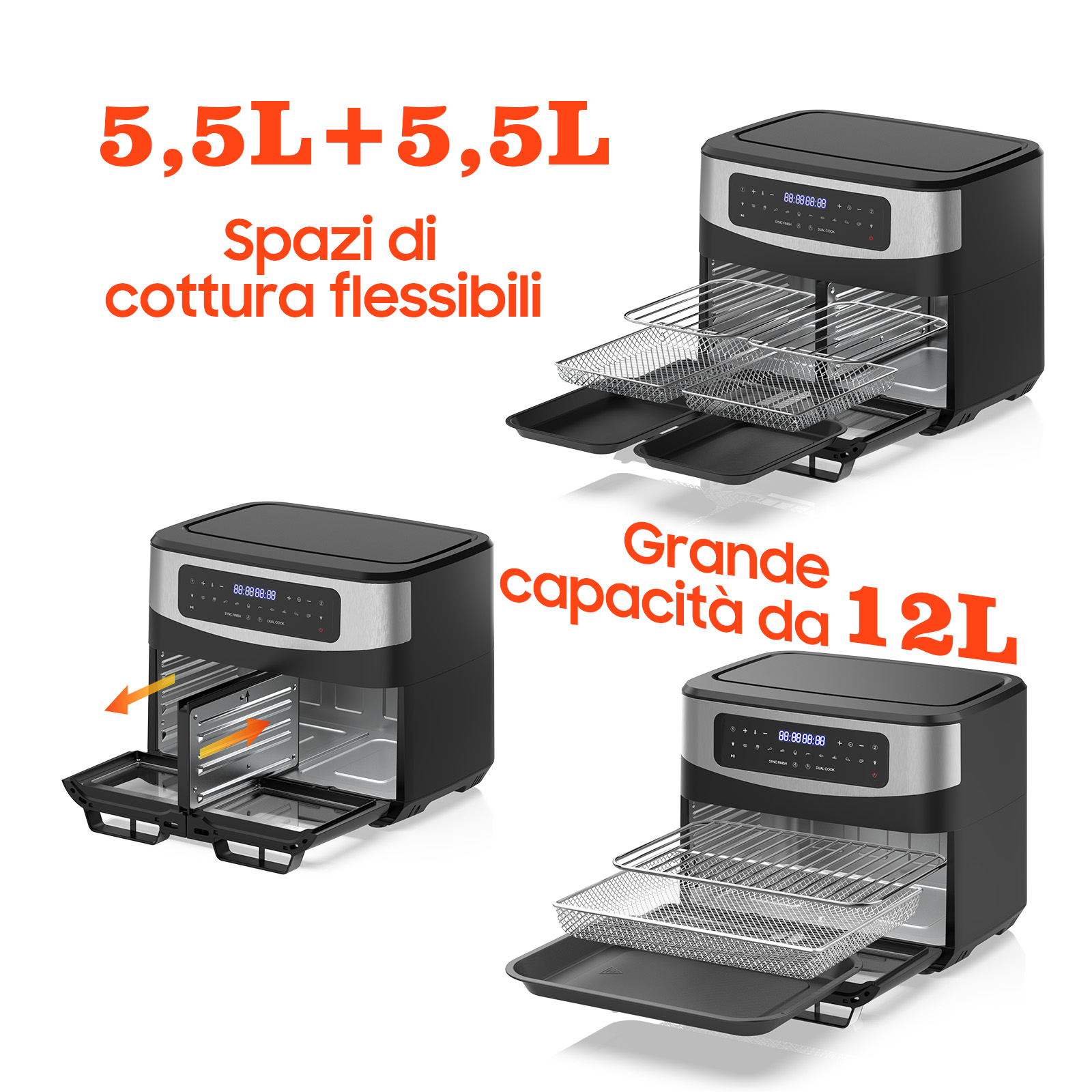 Una friggitrice ad aria digitale con zone di cottura doppie o capacità totale di 12L.