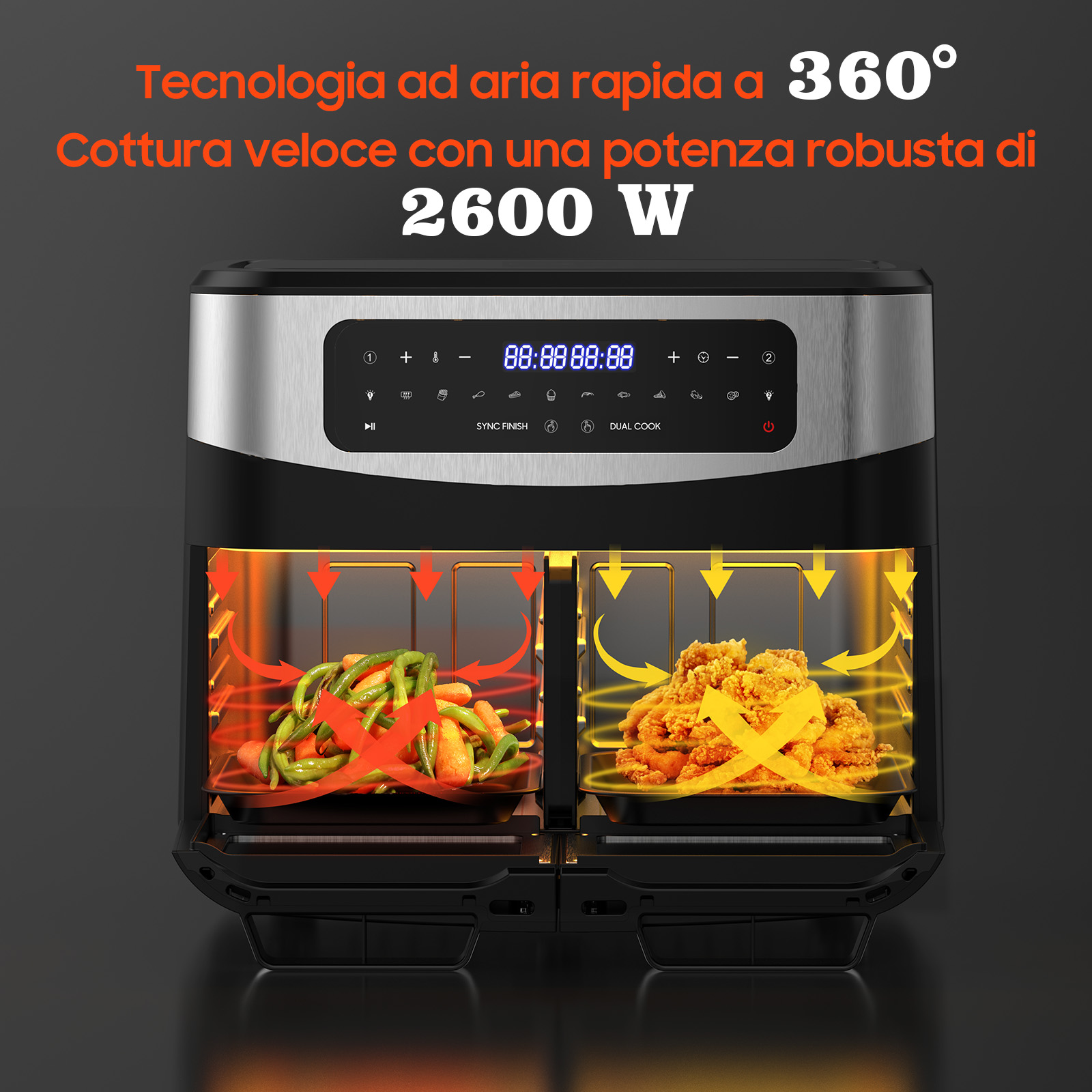 Doppia friggitrice ad aria con verdure e pollo fritto.