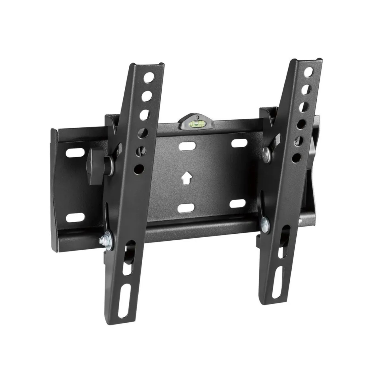 Soporte de pared para TV de metal negro con brazos ajustables y nivel incorporado.
