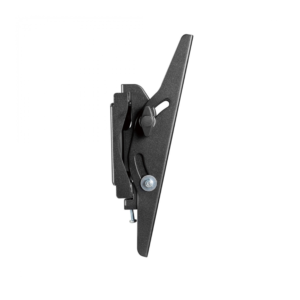 Soporte de pared para TV negro de perfil, con tornillos y mecanismo de ajuste.