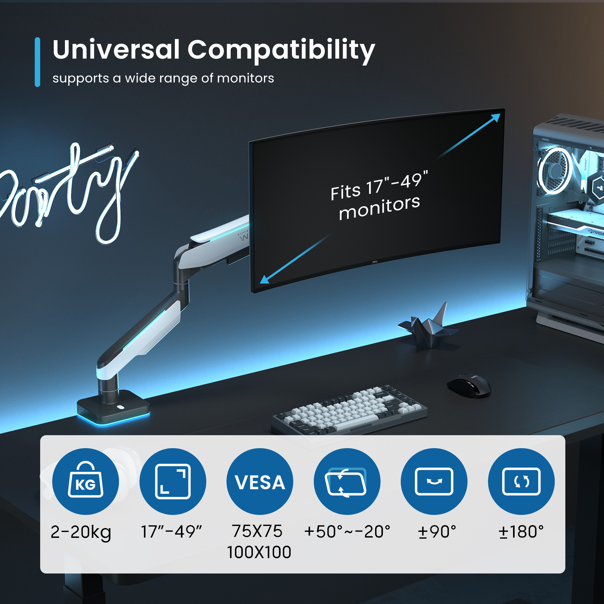 Braccio per monitor 17-49", 2-20kg, VESA 75x75/100x100, regolazione multiangolo.
